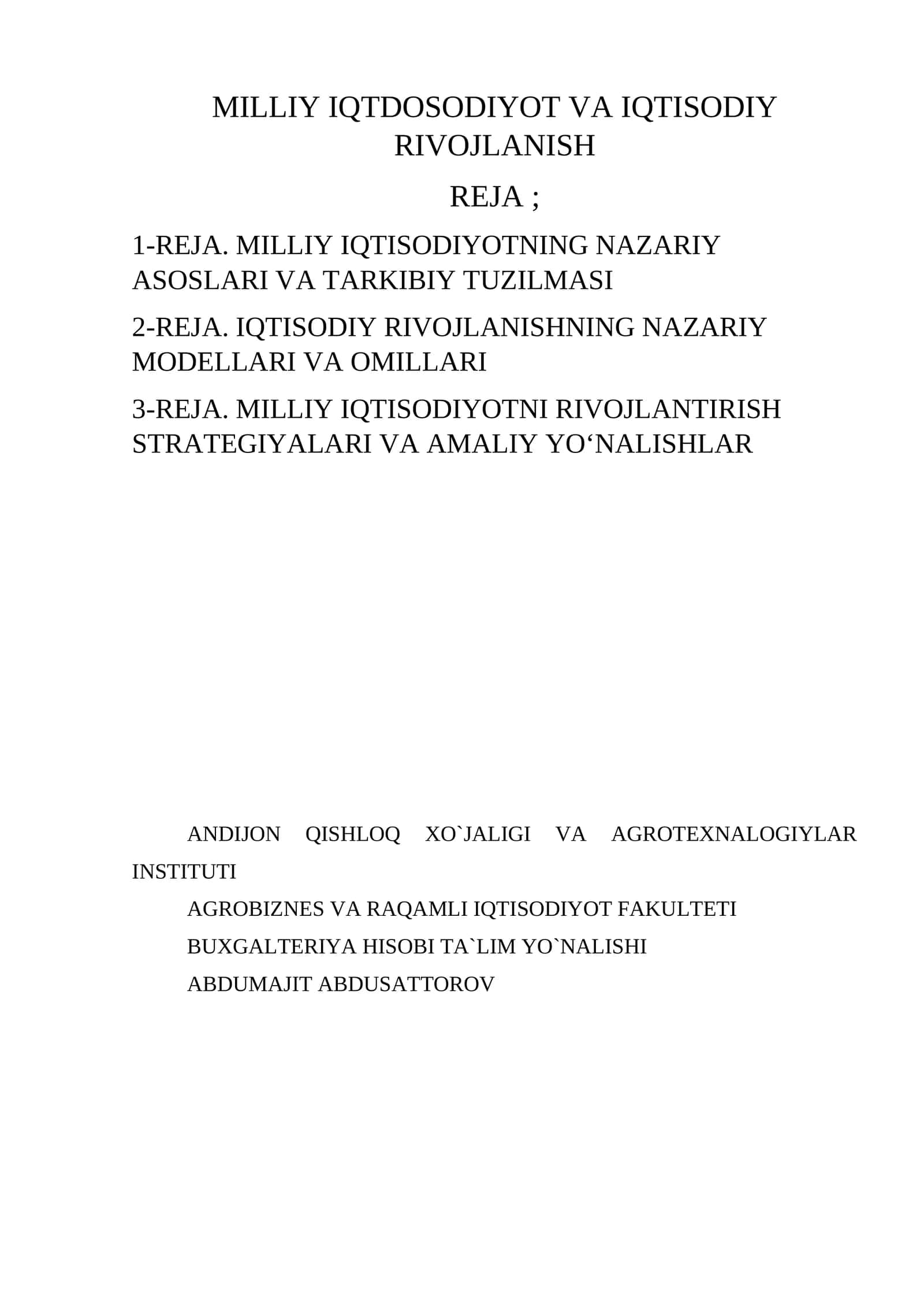 MILLIY IQTDOSODIYOT VA IQTISODIY RIVOJLANISH