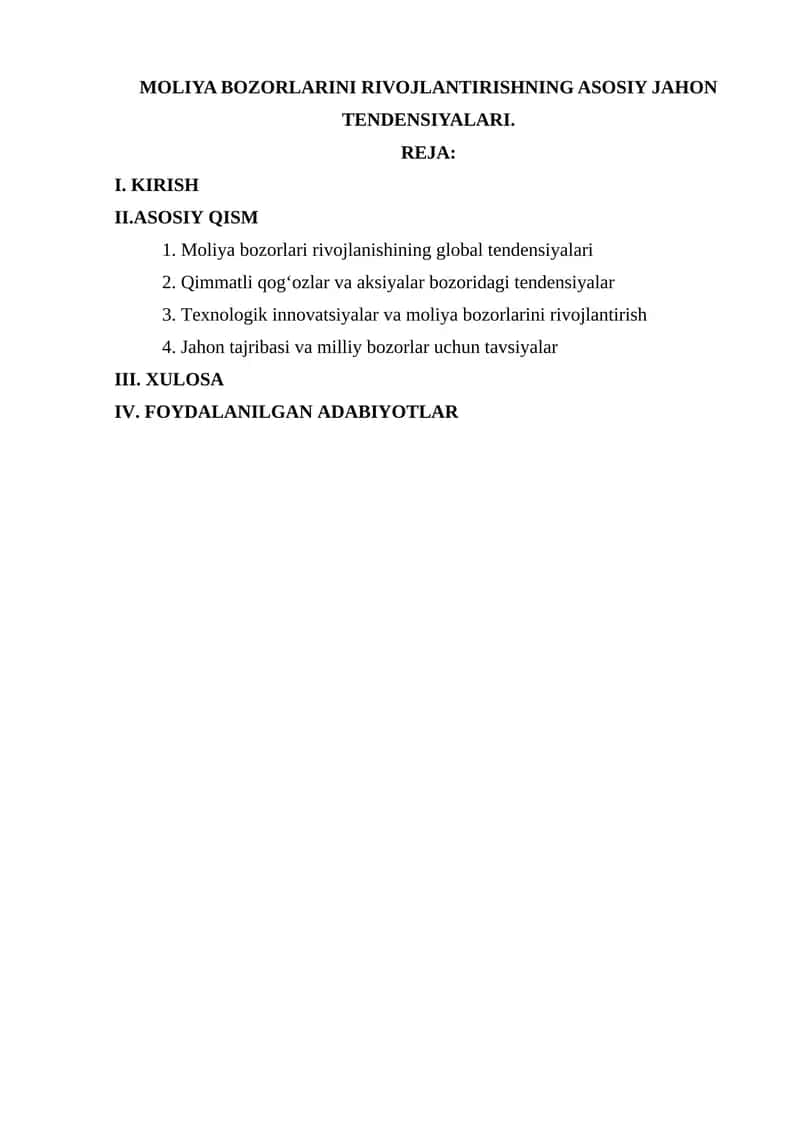 MOLIYA BOZORLARINI RIVOJLANTIRISHNING ASOSIY JAHON TENDENSIYALARI
