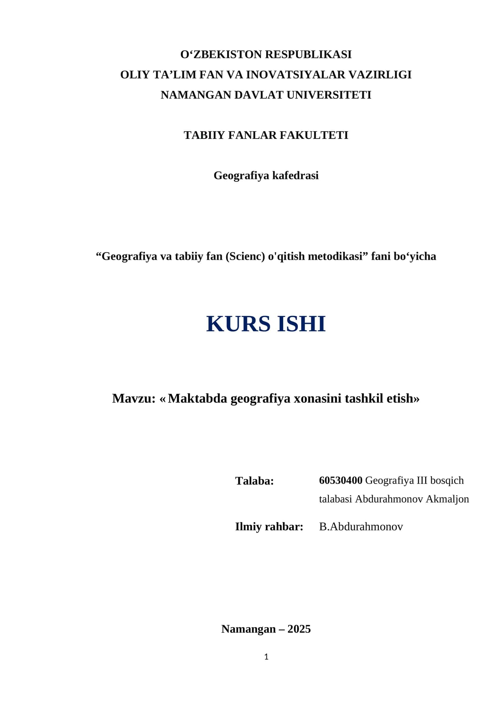 Maktabda geografiya xonasini tashkil etish