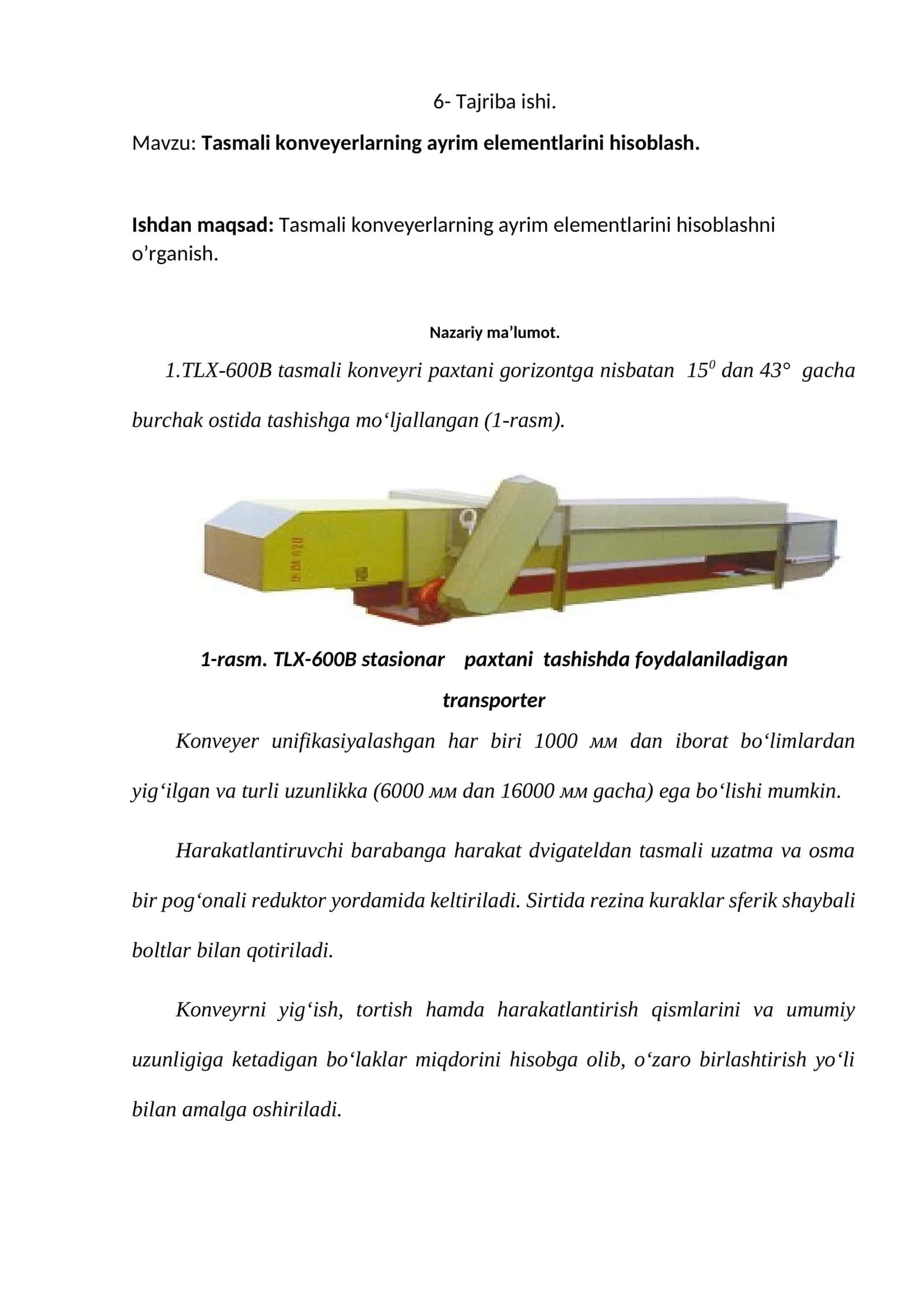 Tasmali konveyerlarning ayrim elementlarini hisoblash