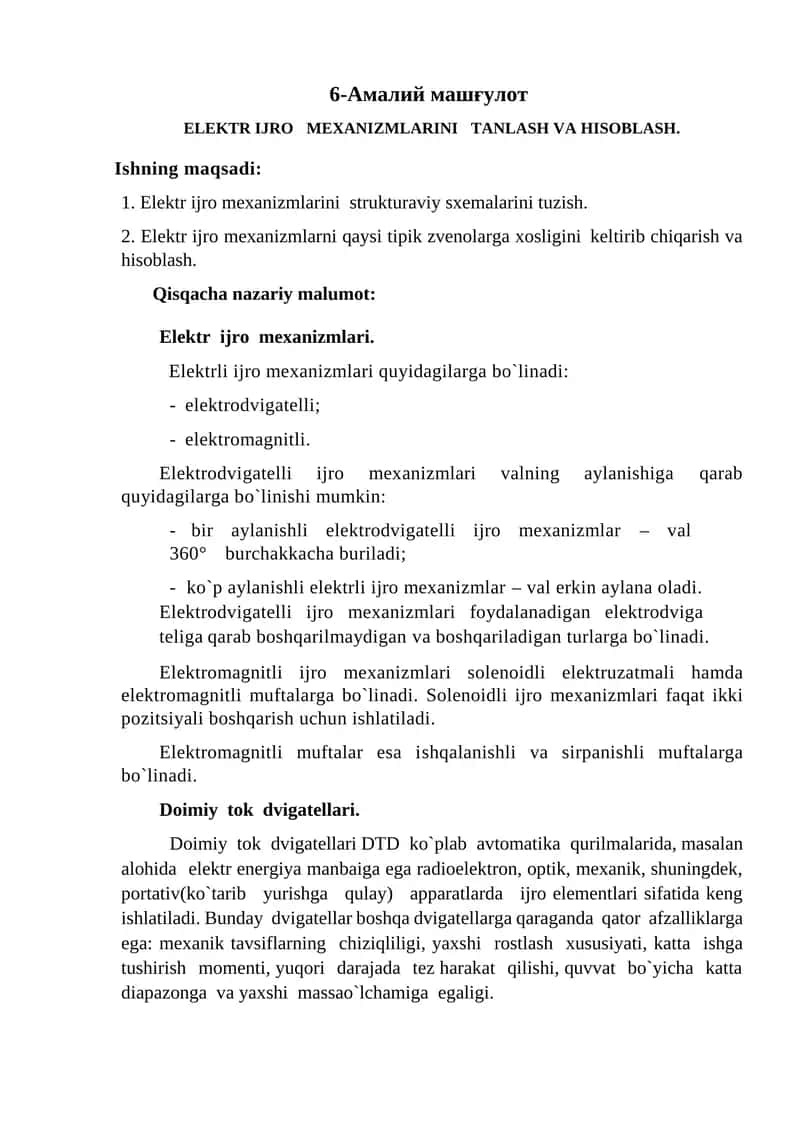 Elektr Ijro Mexanizmlarini Tanlash va Hisoblash