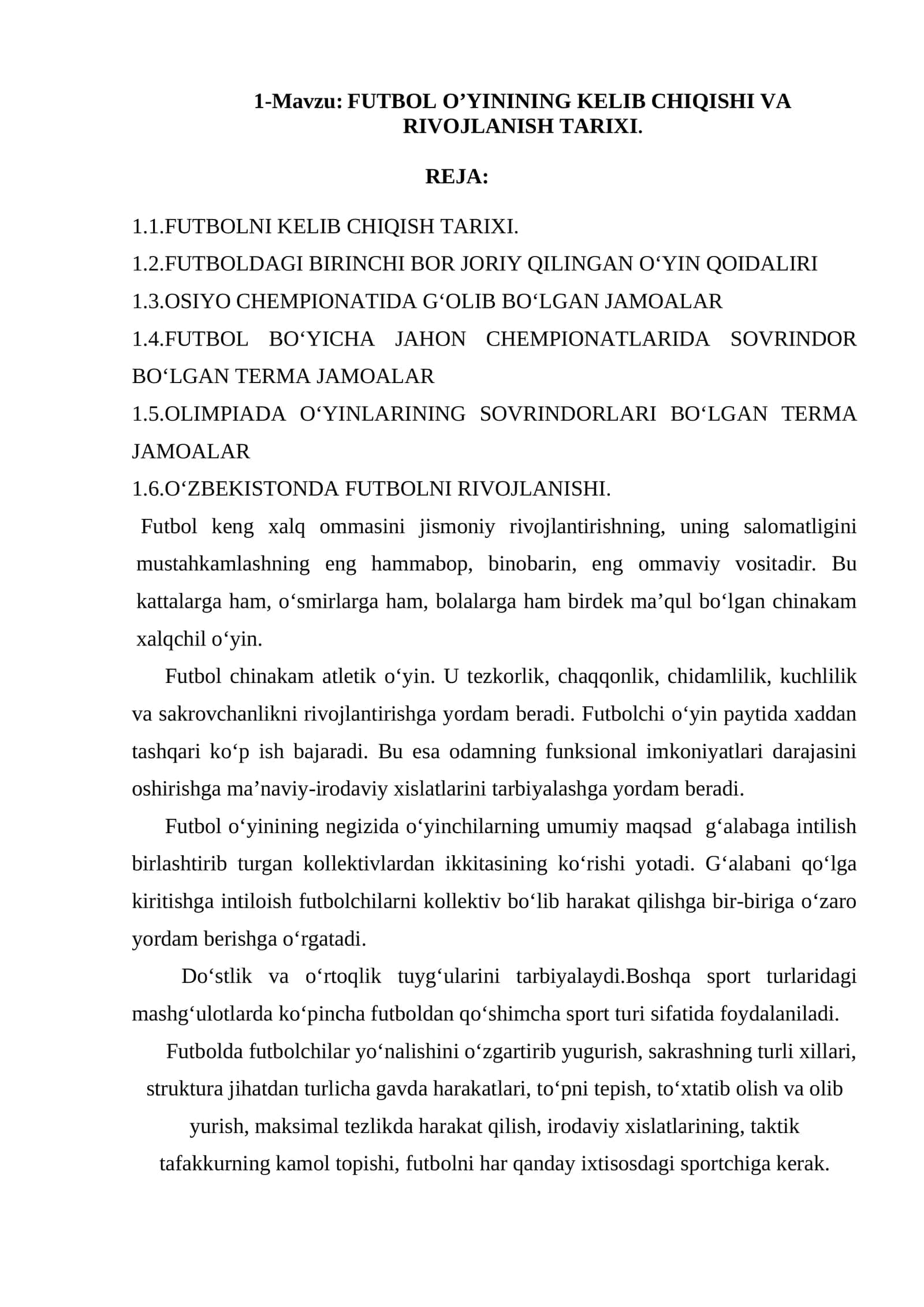 FUTBOL O’YININING KELIB CHIQISHI VA RIVOJLANISH TARIXI
