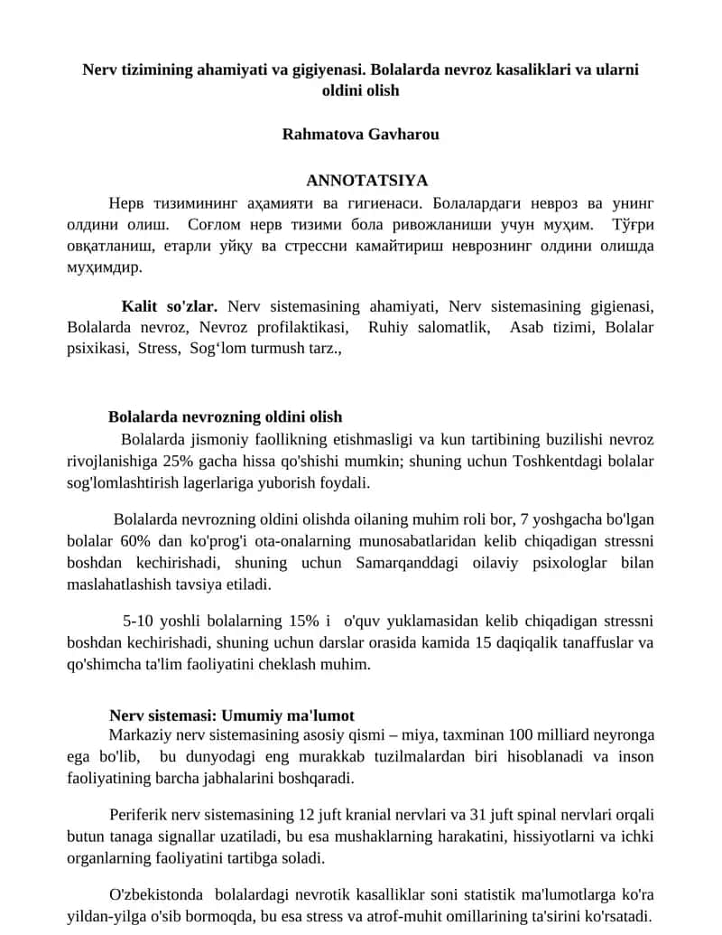 Nerv tizimining ahamiyati va gigiyenasi