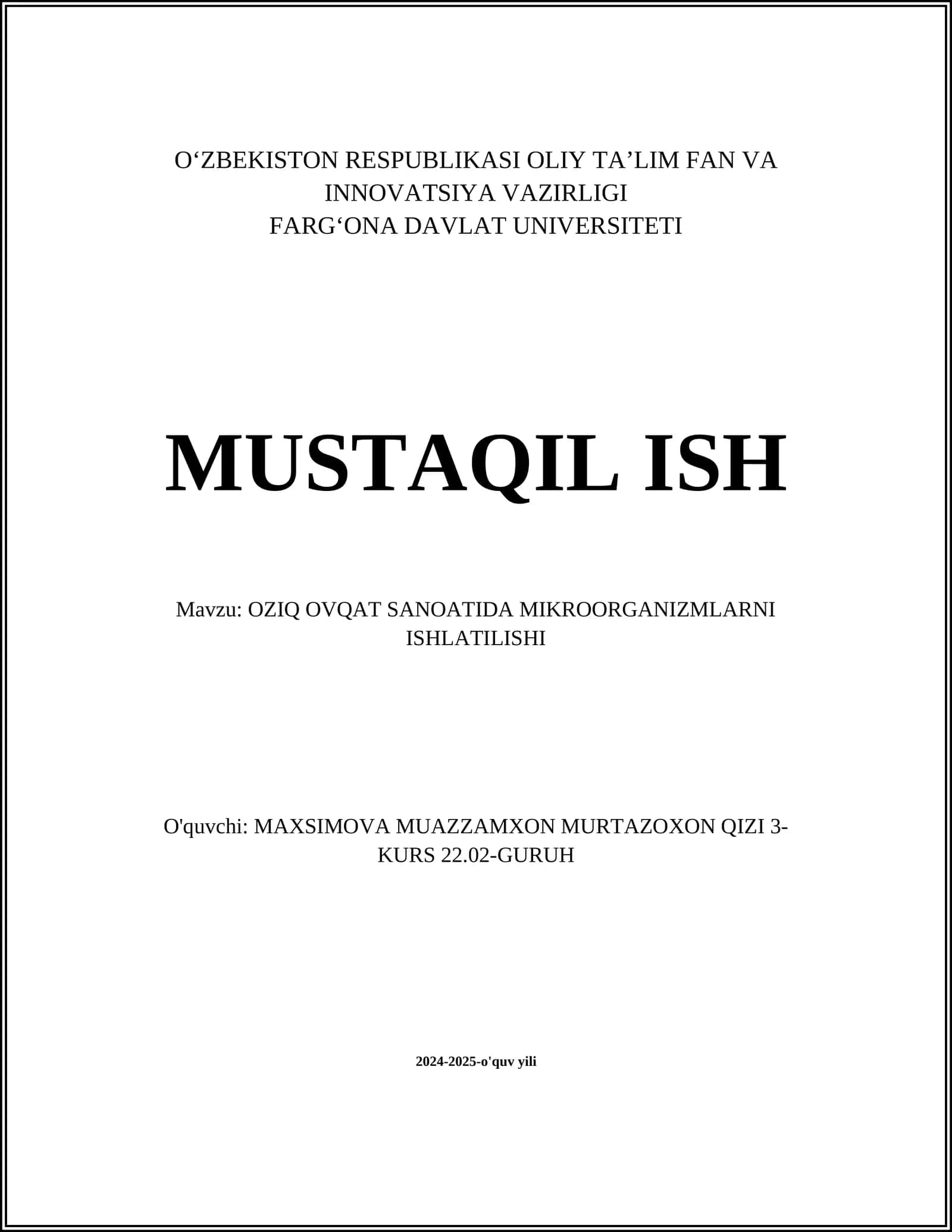 OZIQ OVQAT SANOATIDA MIKROORGANIZMLARNI ISHLATILISHI