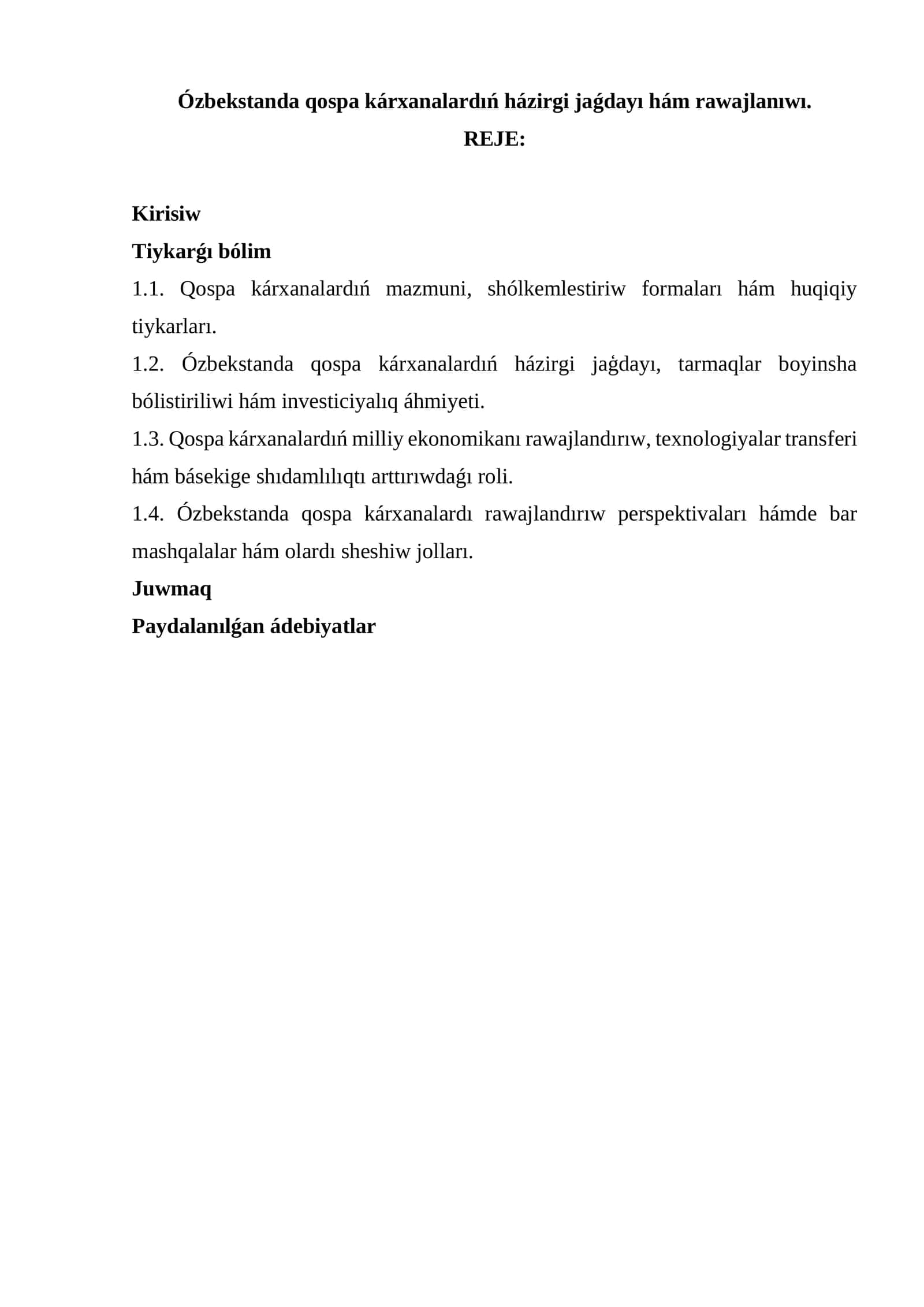 Ózbekstanda qospa kárxanalardıń házirgi jaǵdayı hám rawajlanıwı
