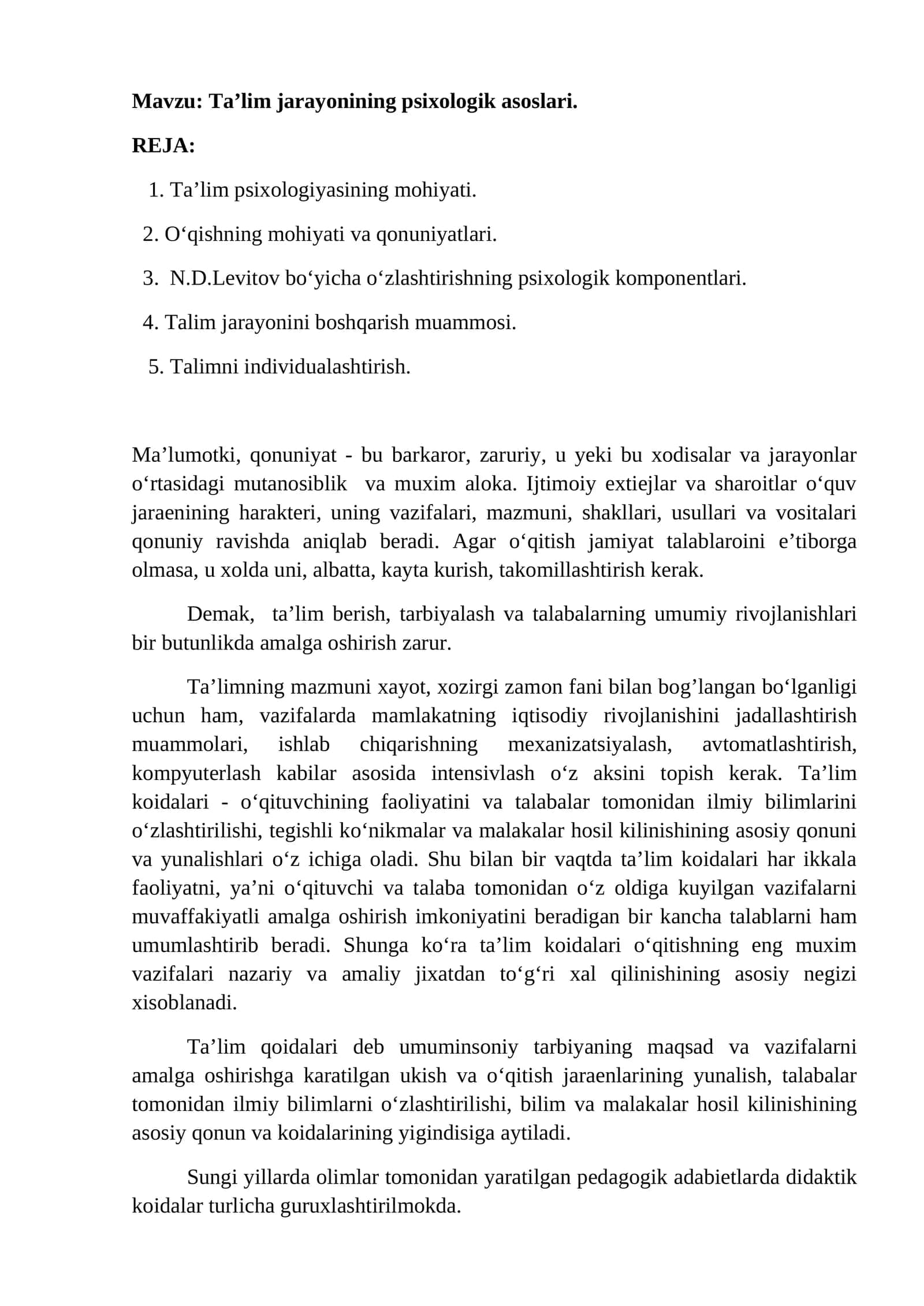 Ta’lim jarayonining psixologik asoslari