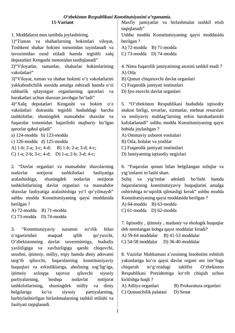 Oʻzbekiston Respublikasi Konstitutsiyasini o’rganamiz