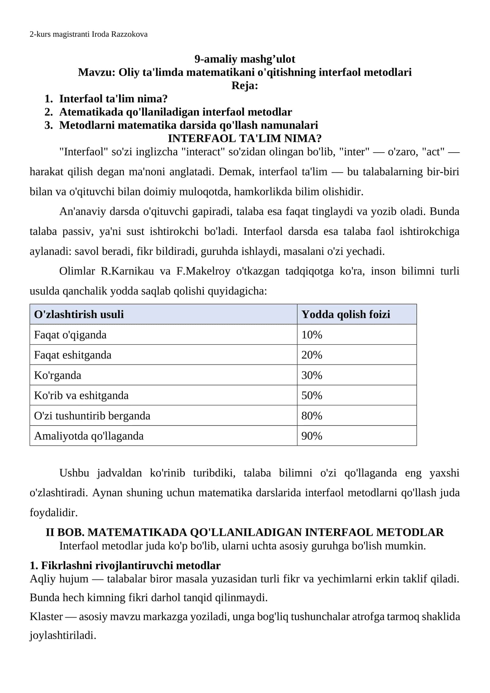Oliy ta'limda matematikani o'qitishning interfaol metodlari