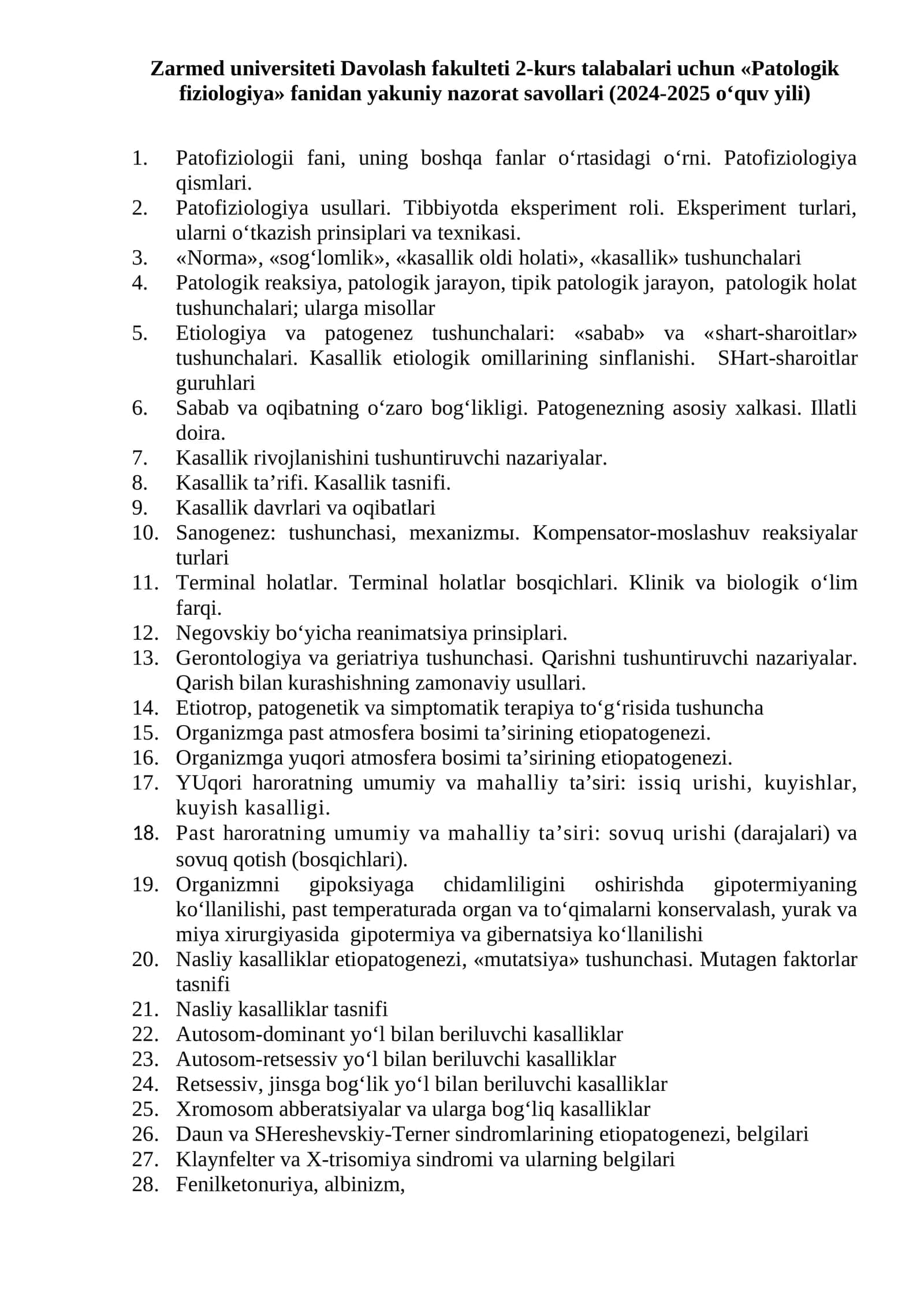 Patologik fiziologiya fanidan yakuniy nazorat savollari
