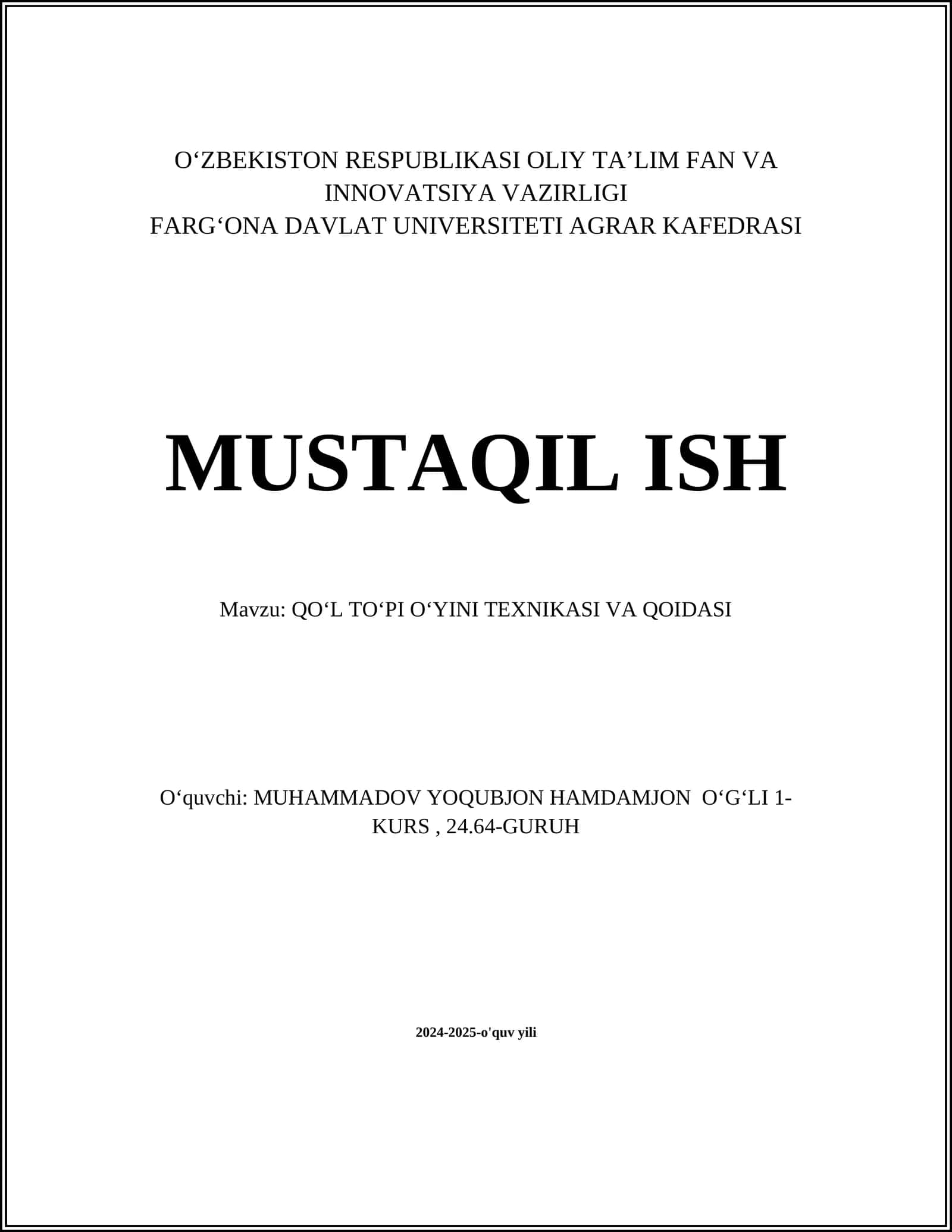 QOʻL TOʻPI OʻYINI TEXNIKASI VA QOIDASI