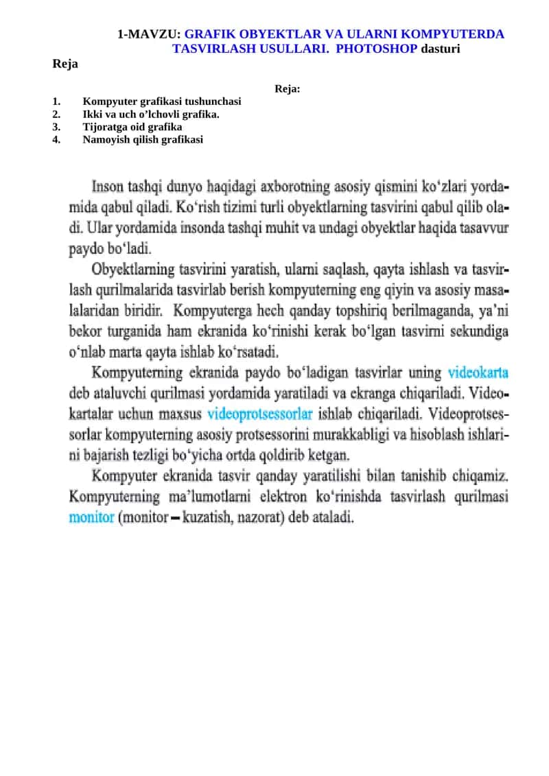 GRAFIK OBYEKTLAR VA ULARNI KOMPYUTERDA TASVIRLASH USULLARI. PHOTOSHOP dasturi