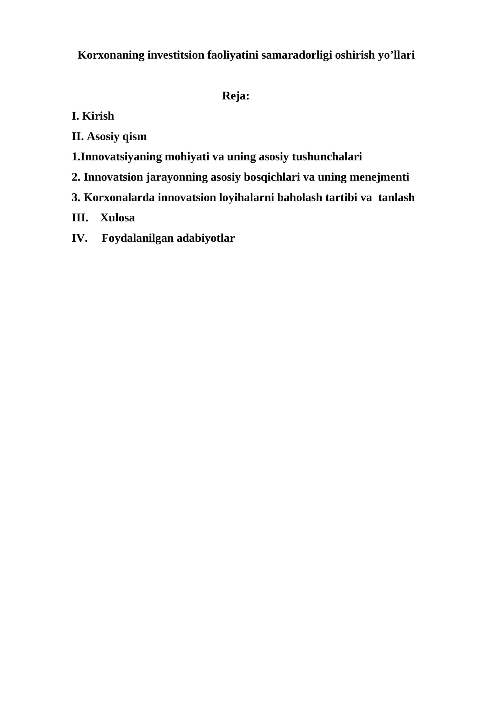Korxonaning investitsion faoliyatini samaradorligi oshirish yo’llari