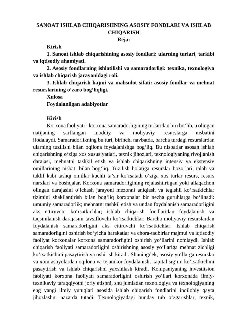 Sanoat ishlab chiqarishning asosiy fondlari va ishlab chiqarish