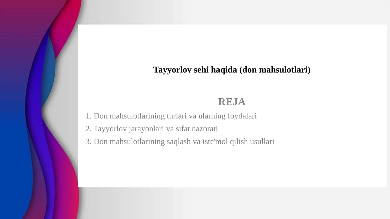 Tayyorlov sehi haqida (don mahsulotlari)