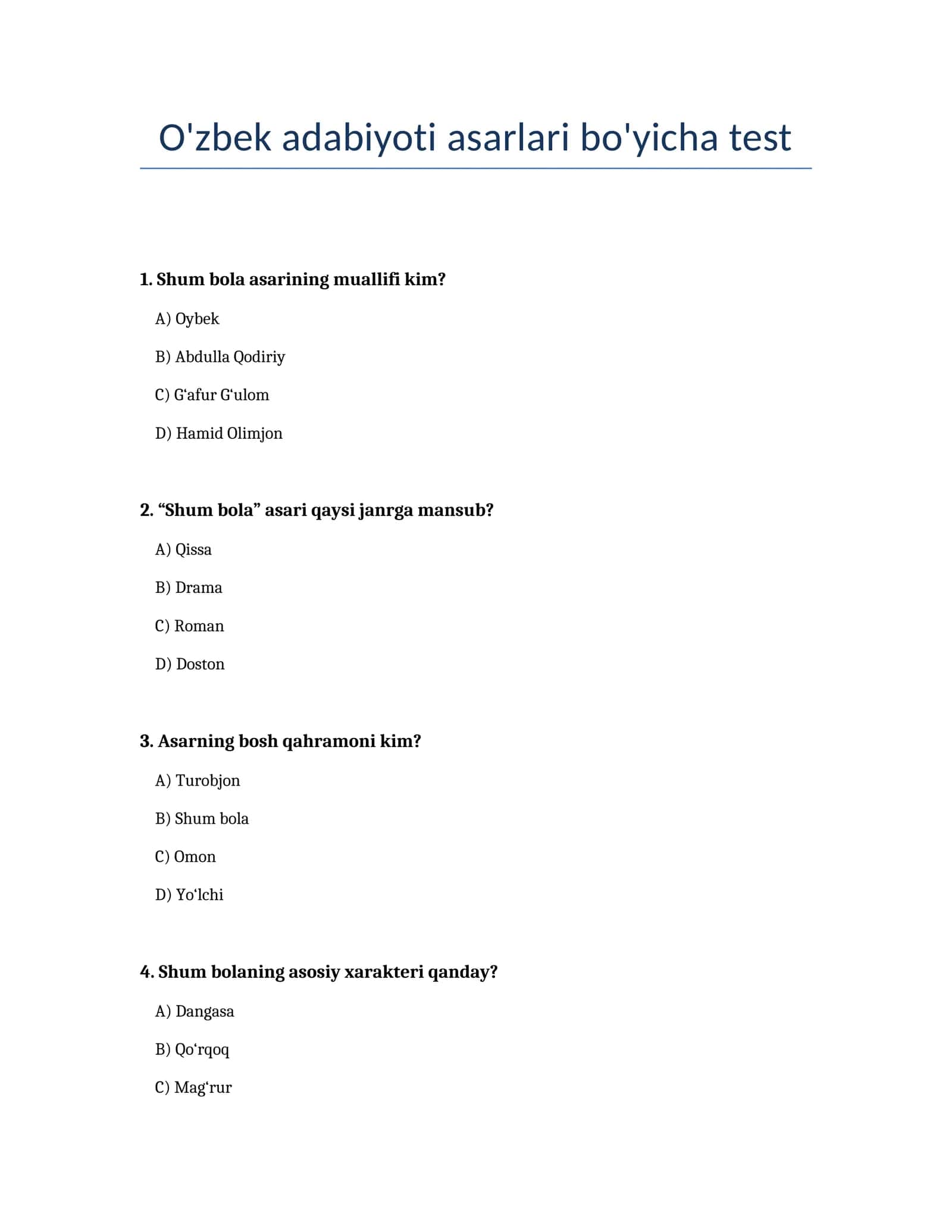 O'zbek adabiyoti asarlari bo'yicha test