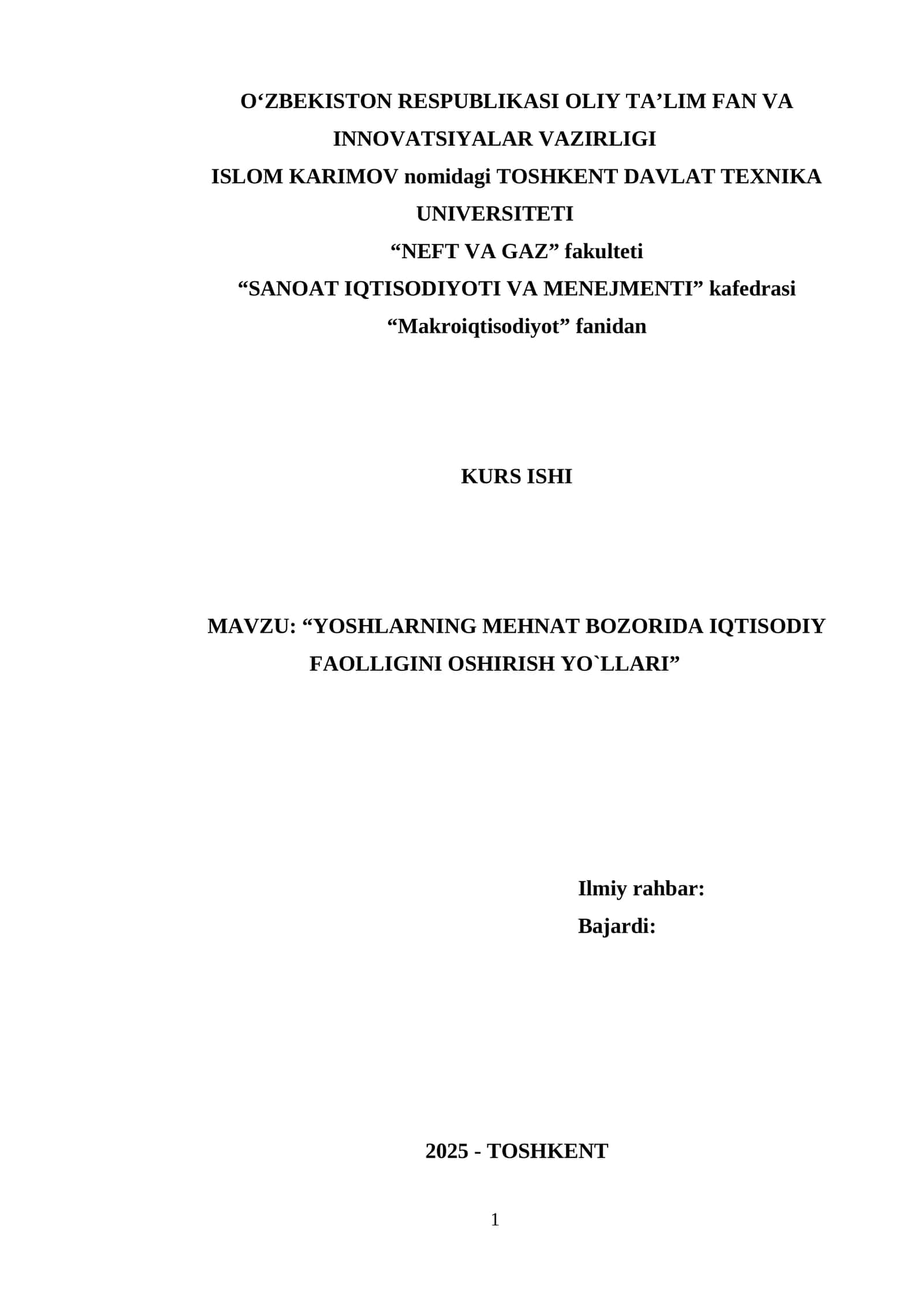 YOSHLARNING MEHNAT BOZORIDA IQTISODIY FAOLLIGINI OSHIRISH YO`LLARI