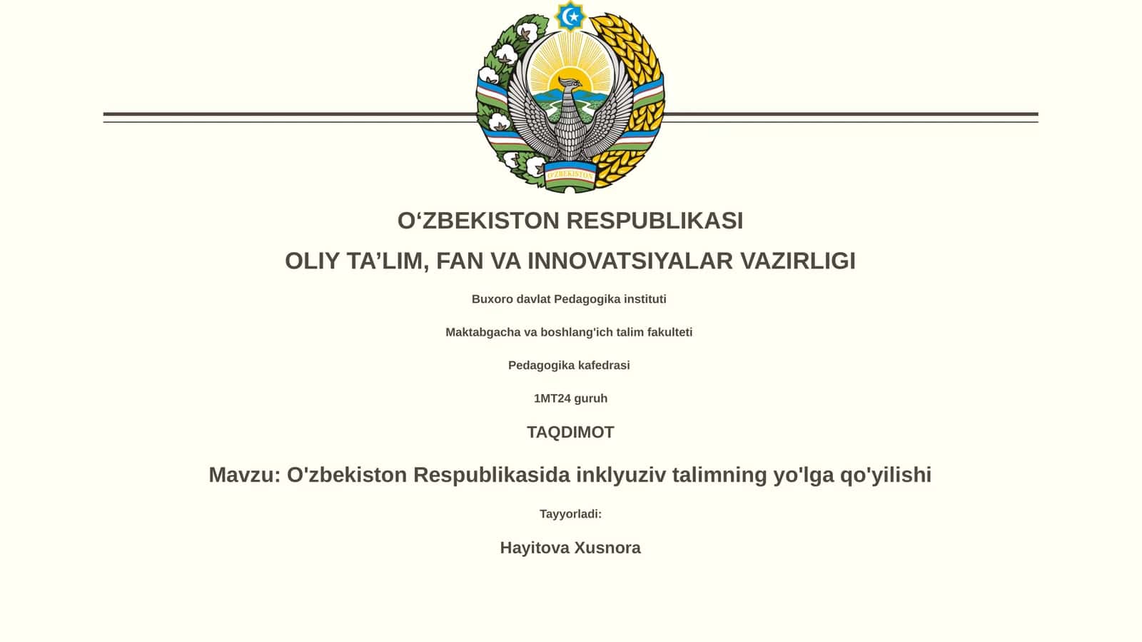 O'zbekiston Respublikasida inklyuziv talimning yo'lga qo'yilishi