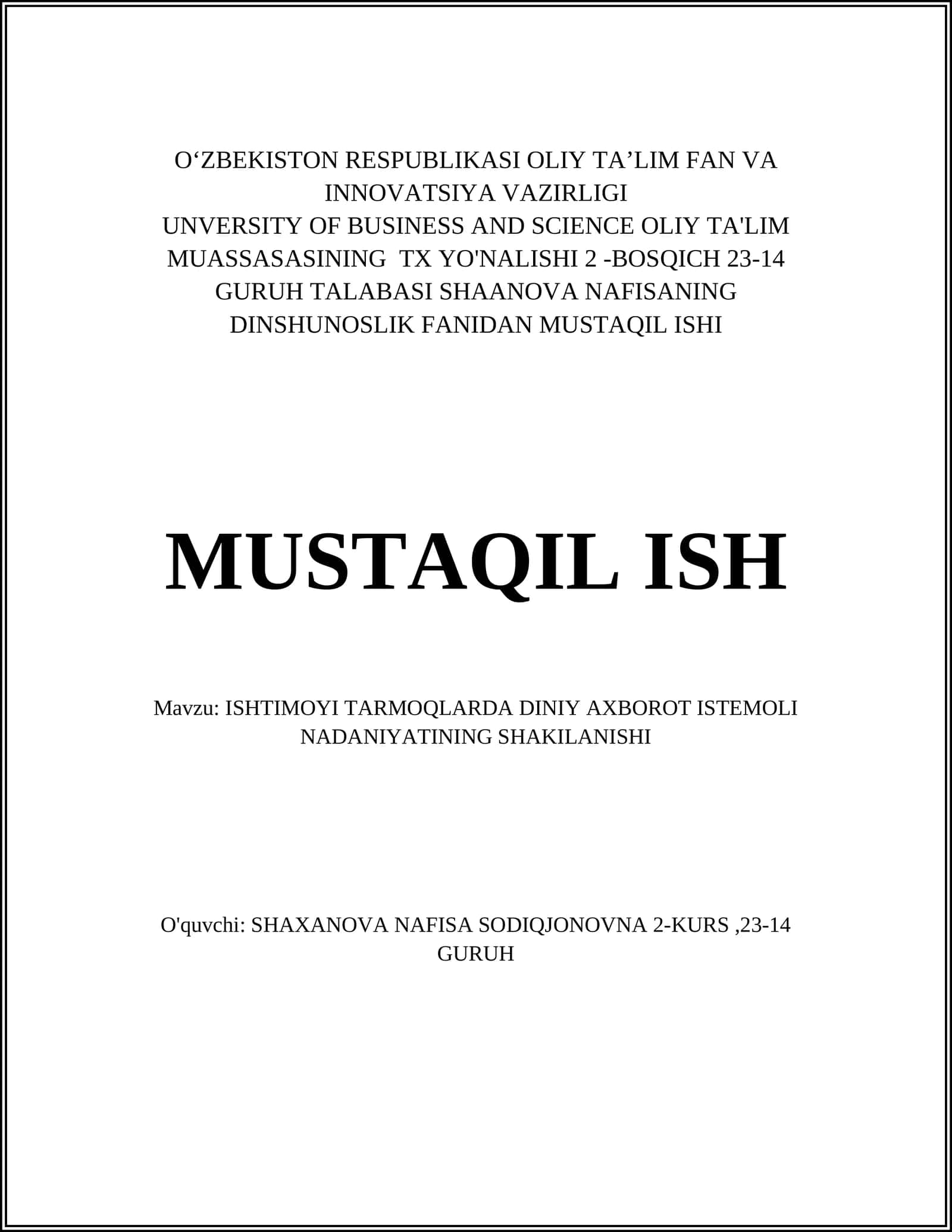 ISHTIMOYI TARMOQLARDA DINIY AXBOROT ISTEMOLI NADANIYATINING SHAKILANISHI
