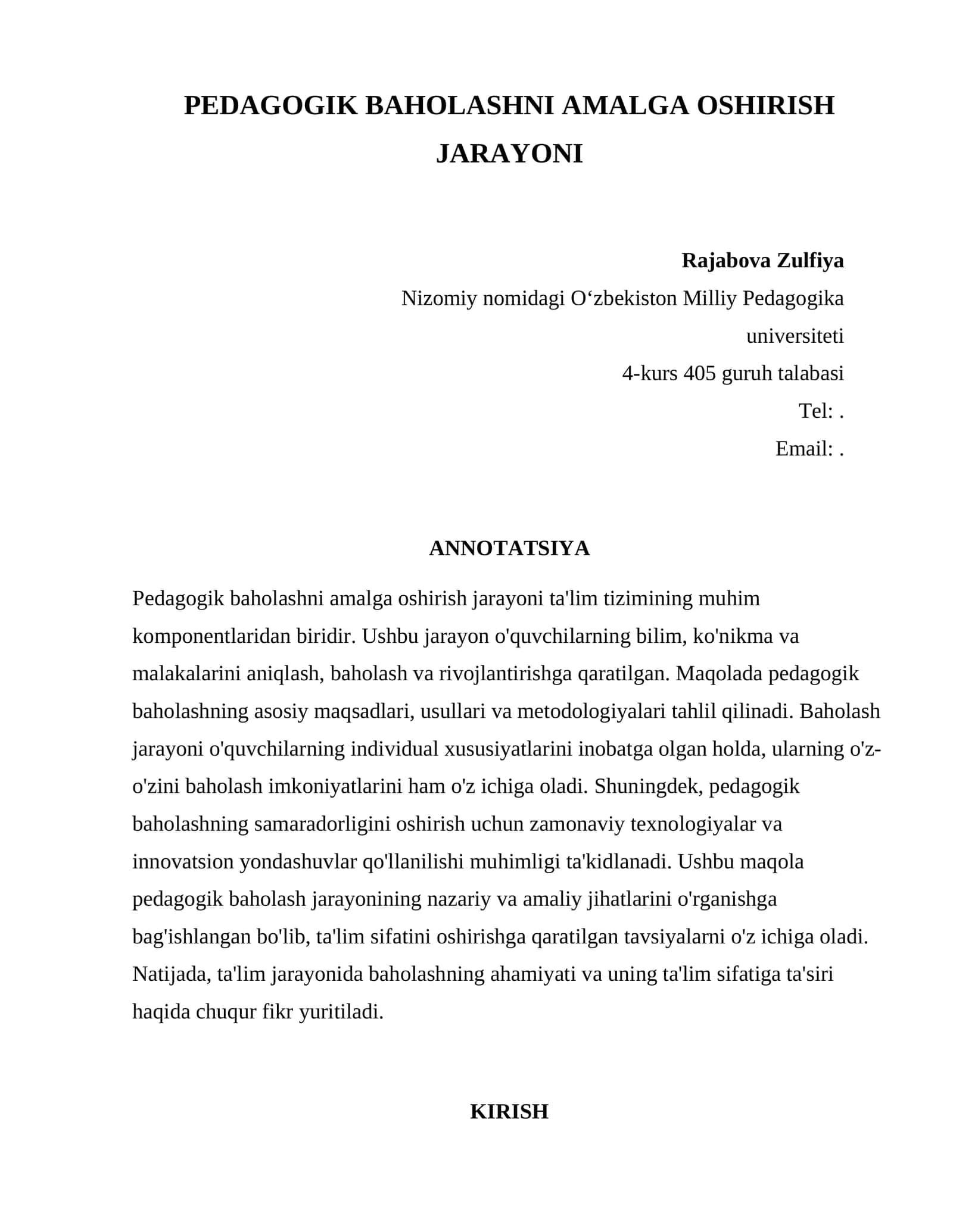 PEDAGOGIK BAHOLASHNI AMALGA OSHIRISH JARAYONI
