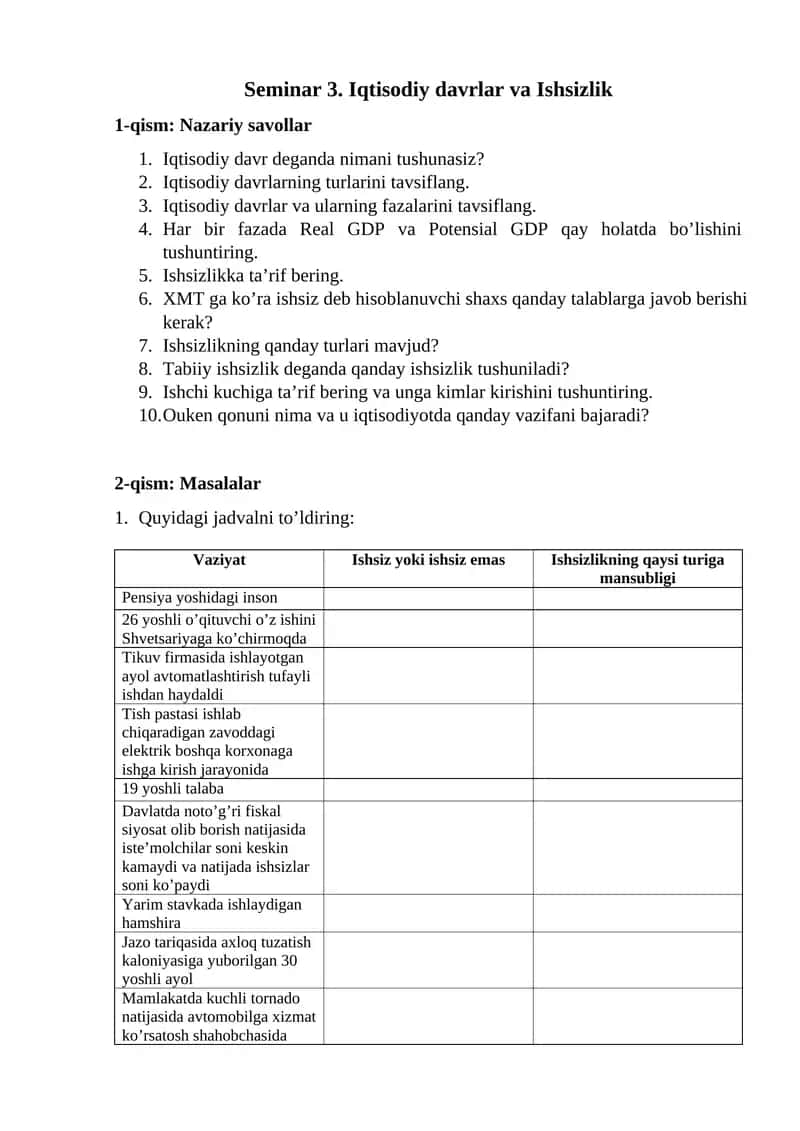 Seminar 3. Iqtisodiy davrlar va Ishsizlik