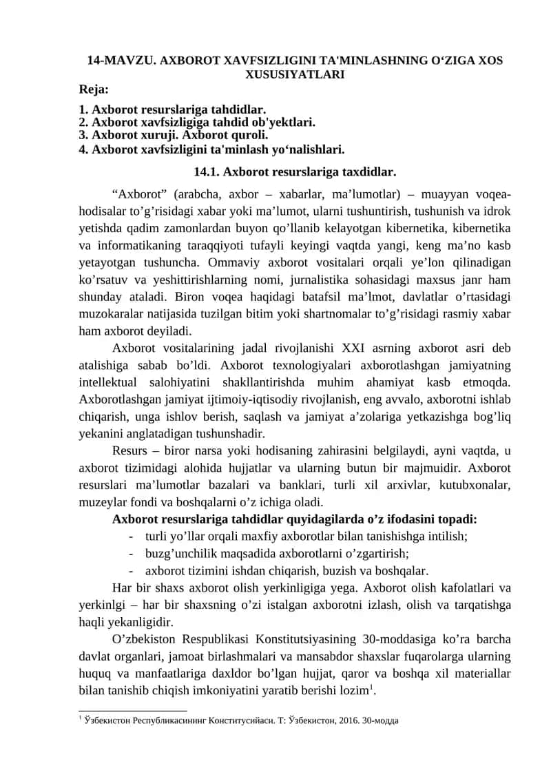 AXBOROT XAVFSIZLIGINI TA'MINLASHNING O‘ZIGA XOS XUSUSIYATLARI