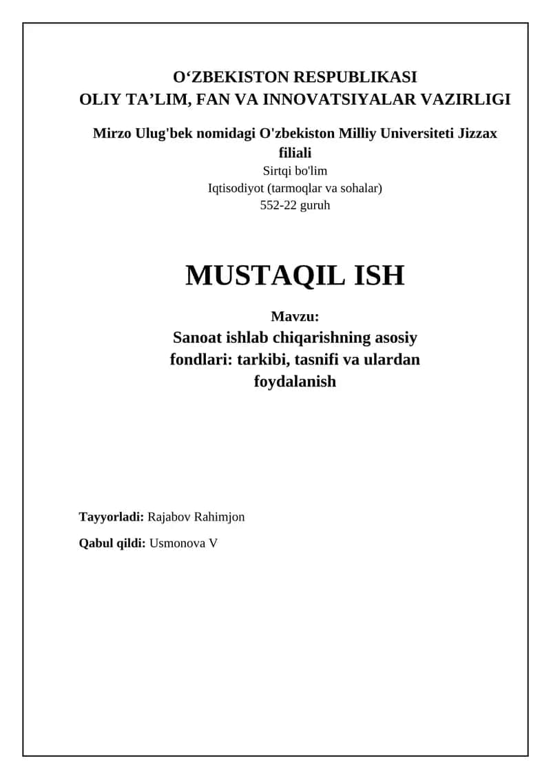 Sanoat ishlab chiqarishning asosiy fondlari