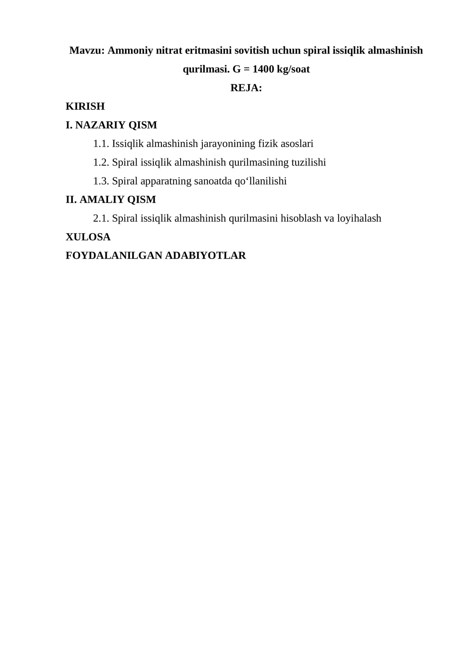 Ammoniy nitrat eritmasini sovitish uchun spiral issiqlik almashinish qurilmasi. G = 1400 kg/soat