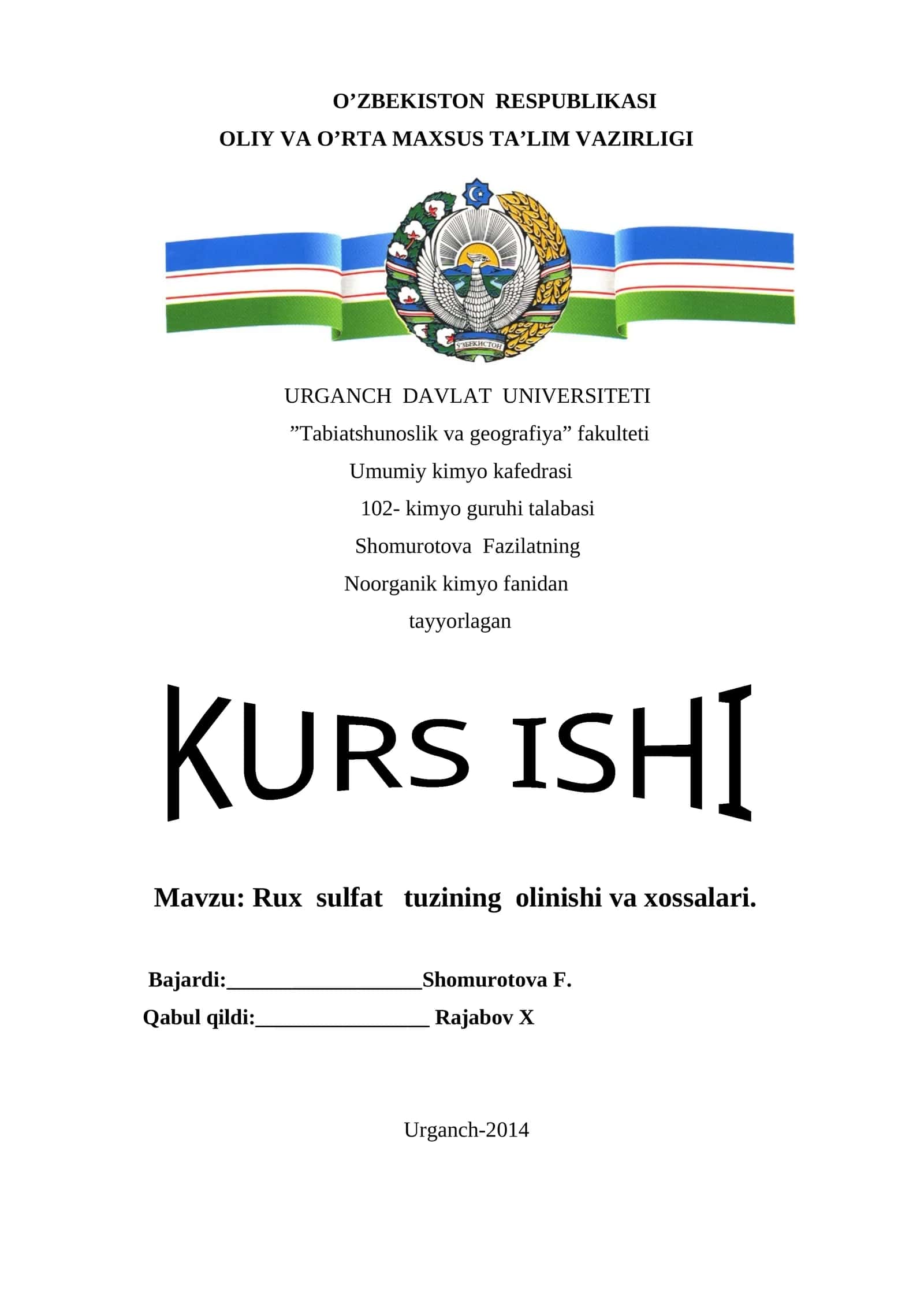Rux sulfat tuzining olinishi va xossalari