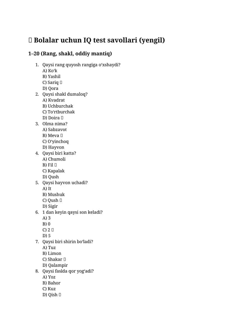 Bog‘cha va boshlang‘ich sinf bolalari uchun maxsus tayyorlangan 100 ta yengil IQ savol.