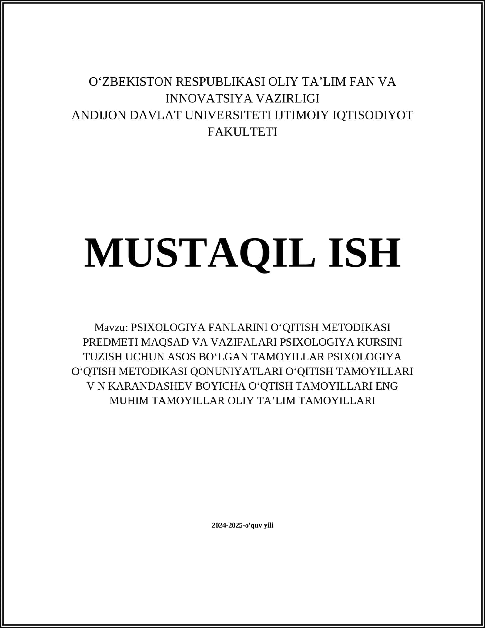 PSIXOLOGIYA FANLARINI OʻQITISH METODIKASI