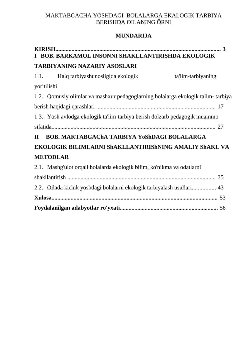 MAKTABGACHA YOSHDAGI BOLALARGA EKALOGIK TARBIYA BERISHDA OILANING ÖRNI