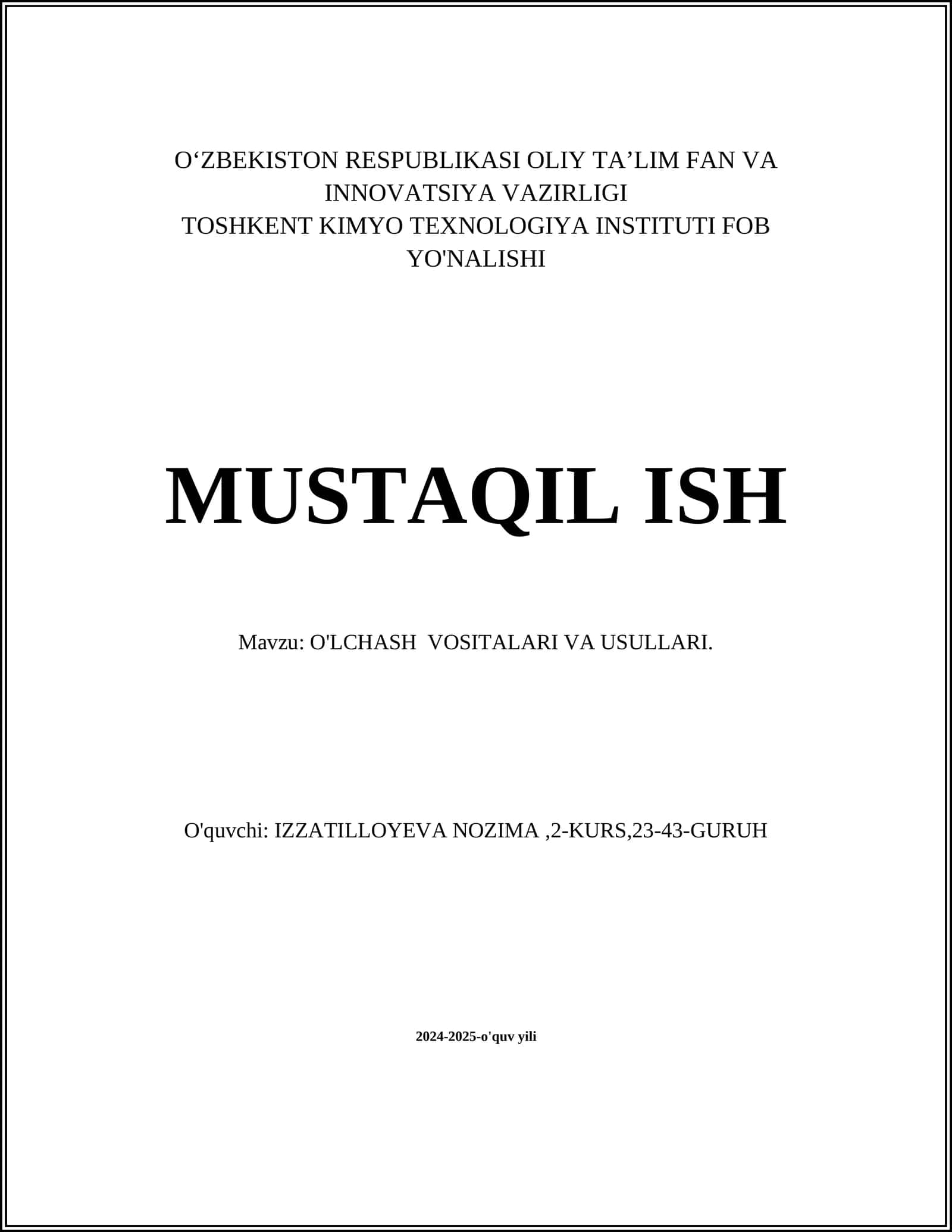 O'LCHASH VOSITALARI VA USULLARI