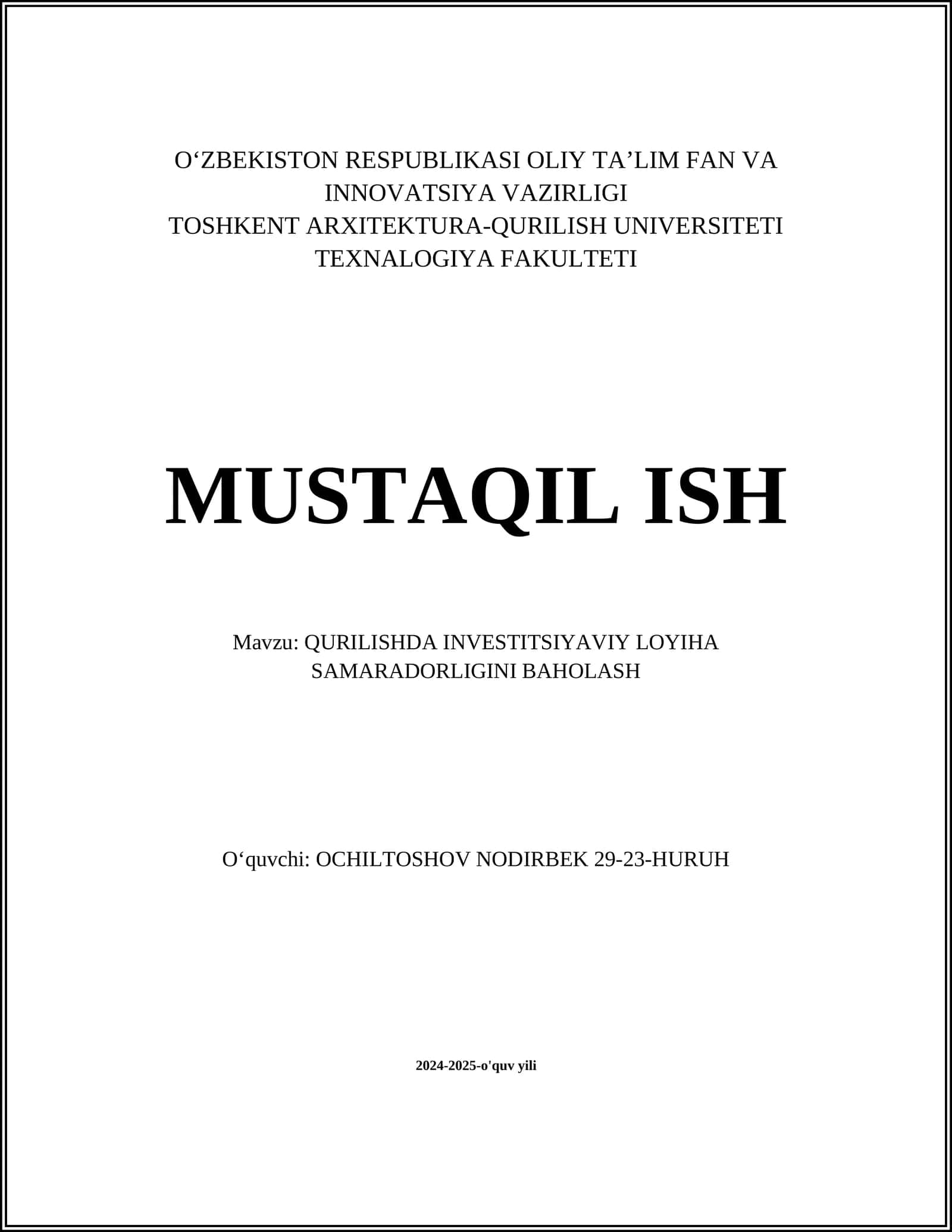 QURILISHDA INVESTITSIYAVIY LOYIHA SAMARADORLIGINI BAHOLASH