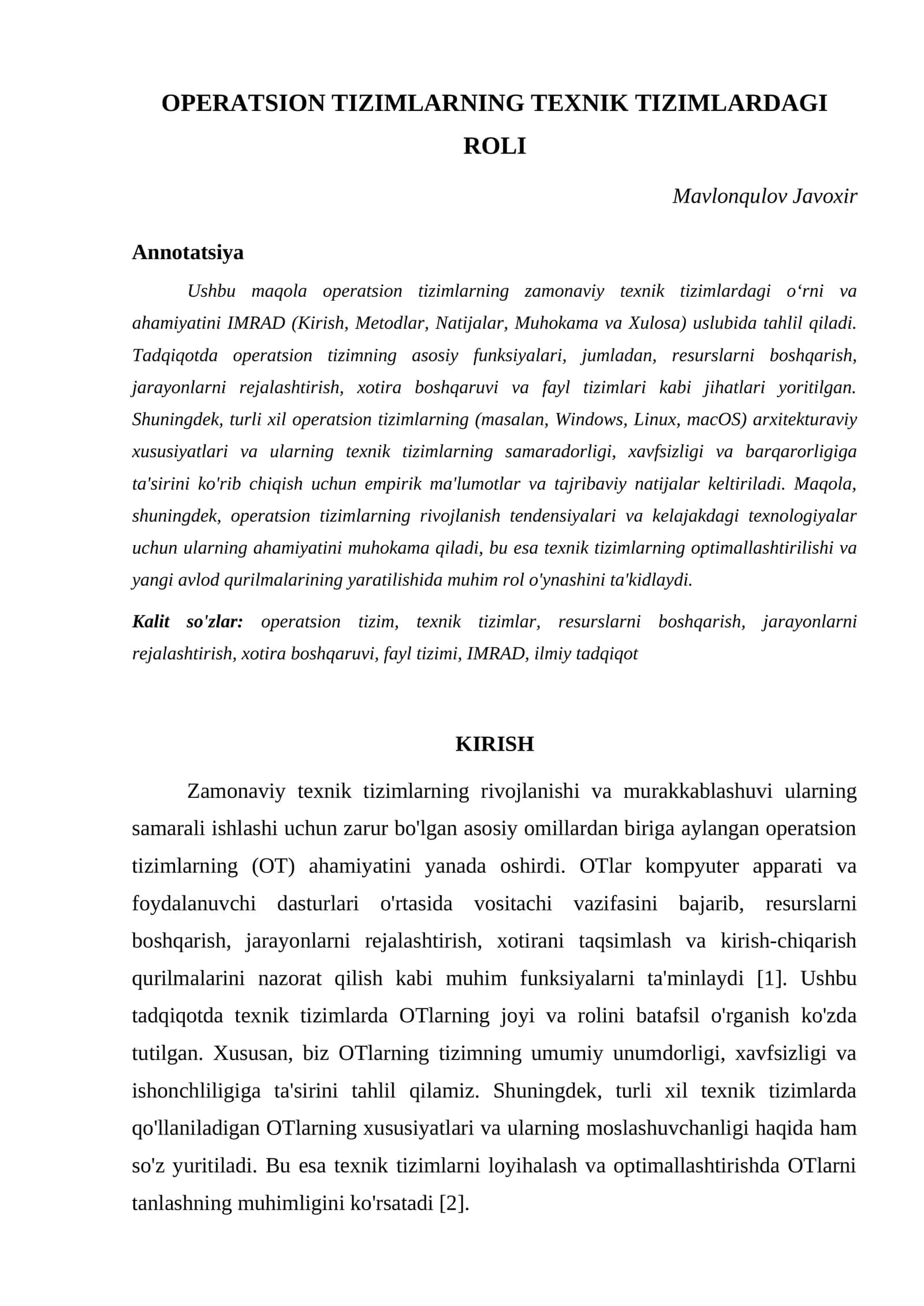 OPERATSION TIZIMLARNING TEXNIK TIZIMLARDAGI ROLI