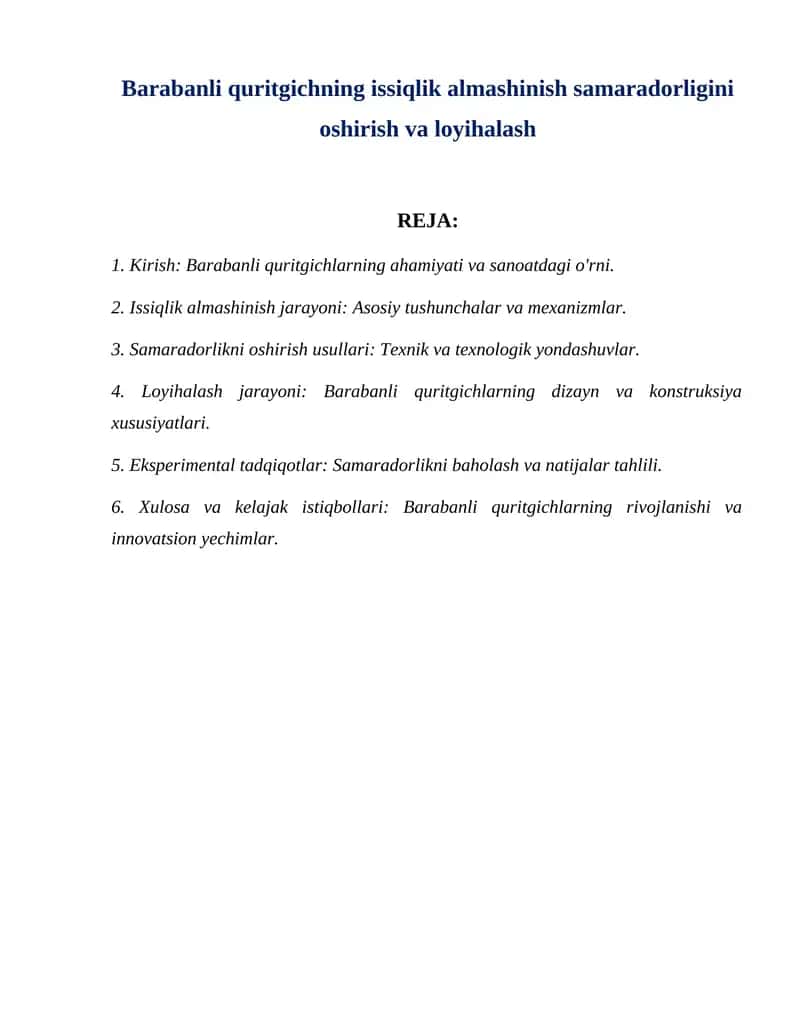 Barabanli quritgichning issiqlik almashinish samaradorligini oshirish va loyihalash