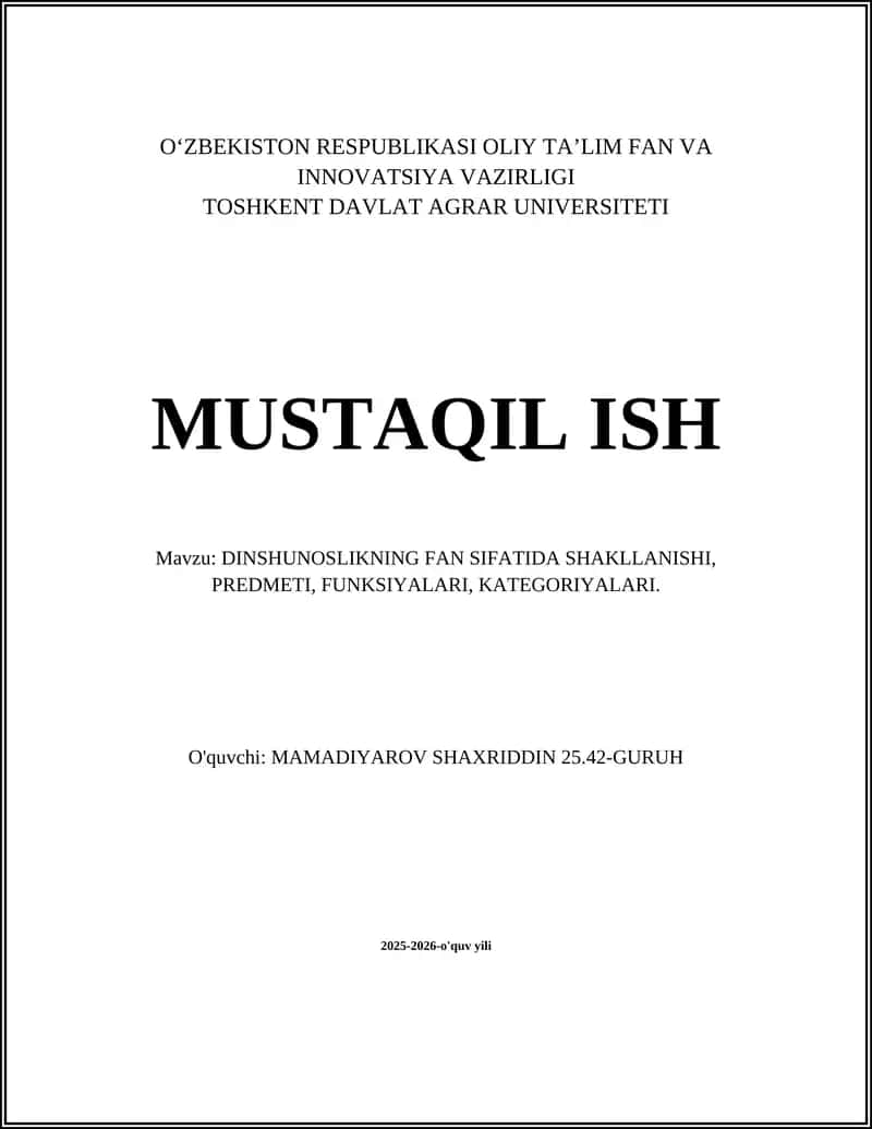 DINSHUNOSLIKNING FAN SIFATIDA SHAKLLANISHI, PREDMETI, FUNKSIYALARI, KATEGORIYALARI