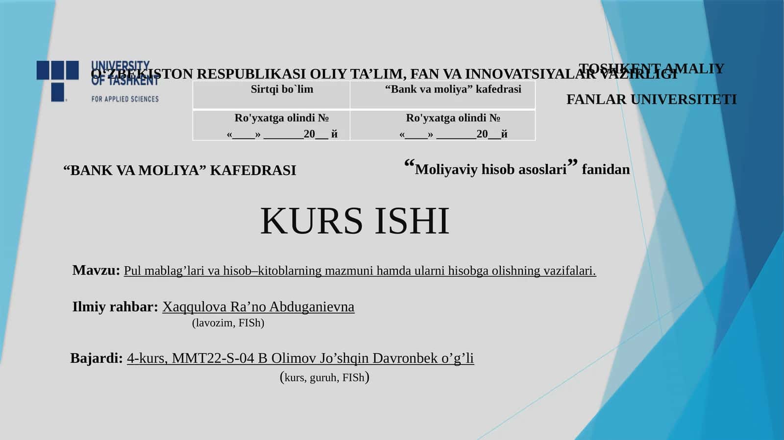 Pul mаblаg’lаri vа hisоb–kitоblаrning mаzmuni hаmdа ulаrni hisоbgа оlishning vаzifаlаri
