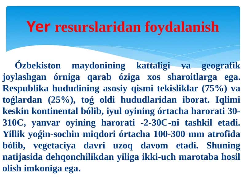O'zbekiston tabiiy resurslarning yer yuzasida tarqalishi