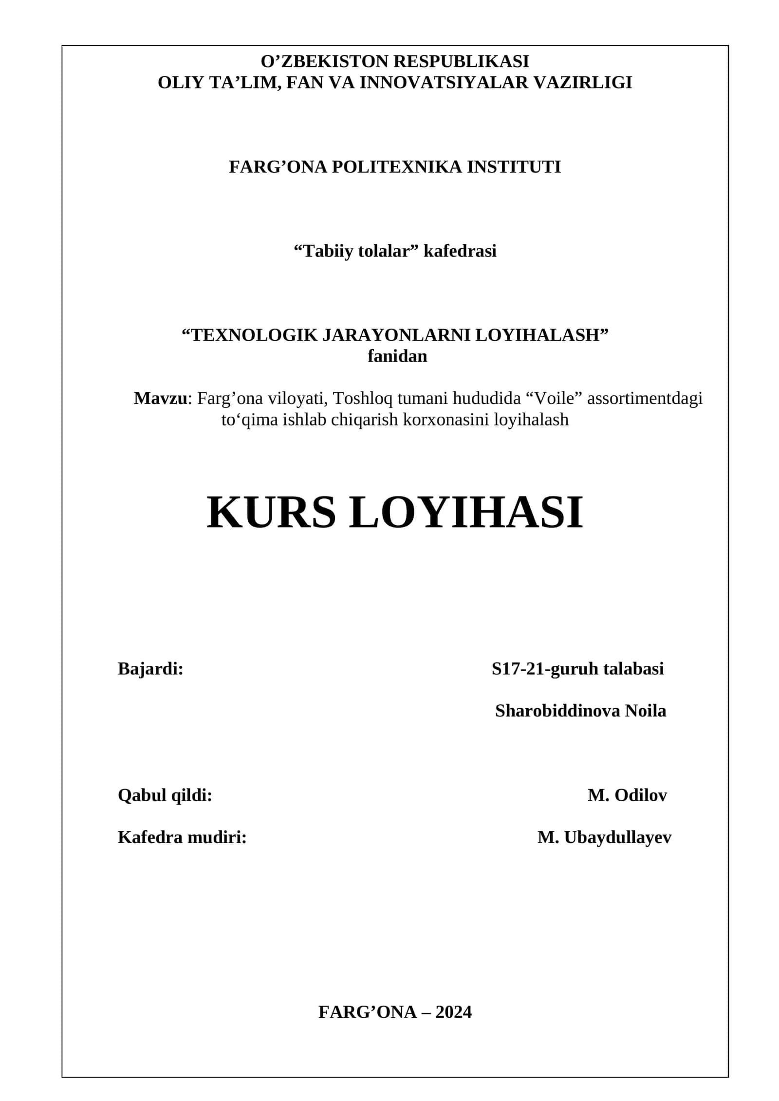 "Voile" assortimentdagi to‘qima ishlab chiqarish korxonasini loyihalash
