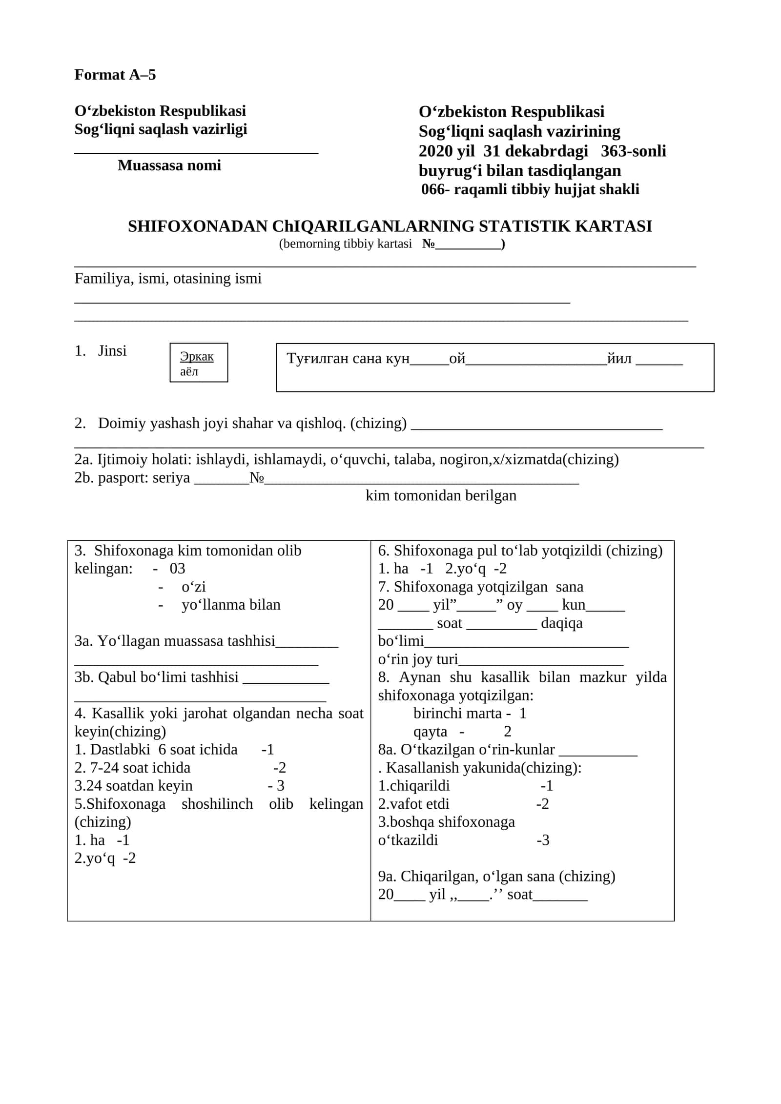 SHIFOXONADAN ChIQARILGANLARNING STATISTIK KARTASI 066 forma