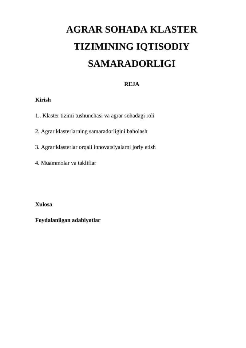 AGRAR SOHADA KLASTER TIZIMINING IQTISODIY SAMARADORLIGI