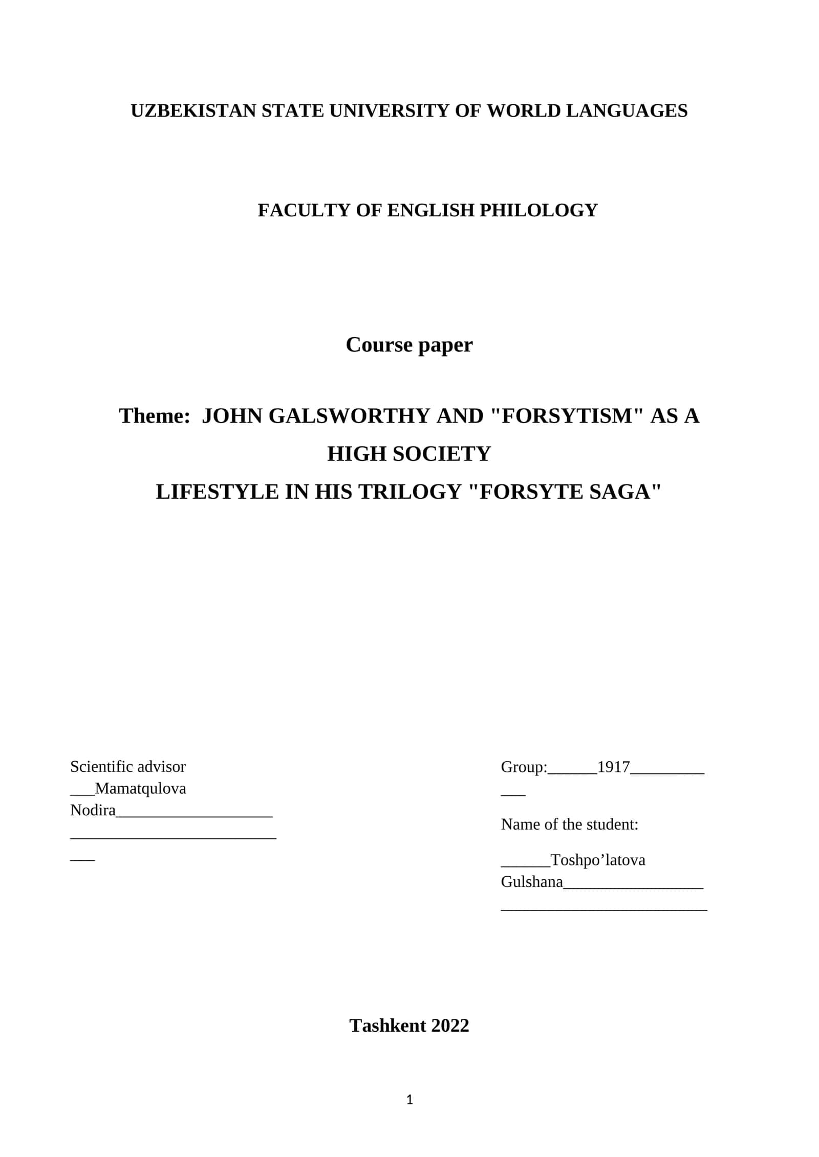 JOHN GALSWORTHY AND "FORSYTISM" AS A HIGH SOCIETY LIFESTYLE IN HIS TRILOGY "FORSYTE SAGA"