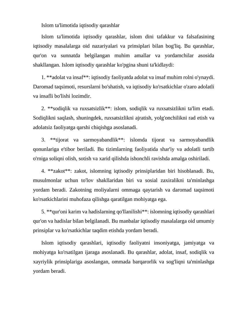 Islom ta'limotida iqtisodiy qarashlar