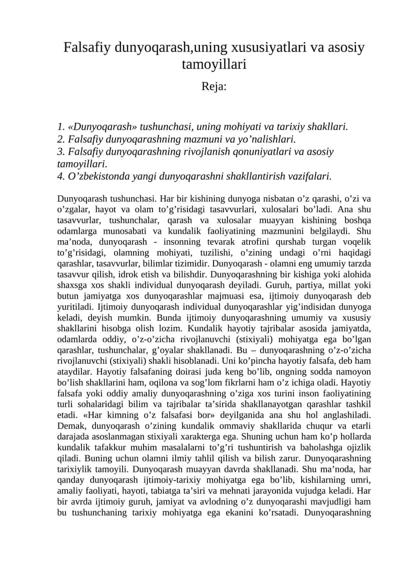 Falsafiy dunyoqarash,uning xususiyatlari va asosiy tamoyillari