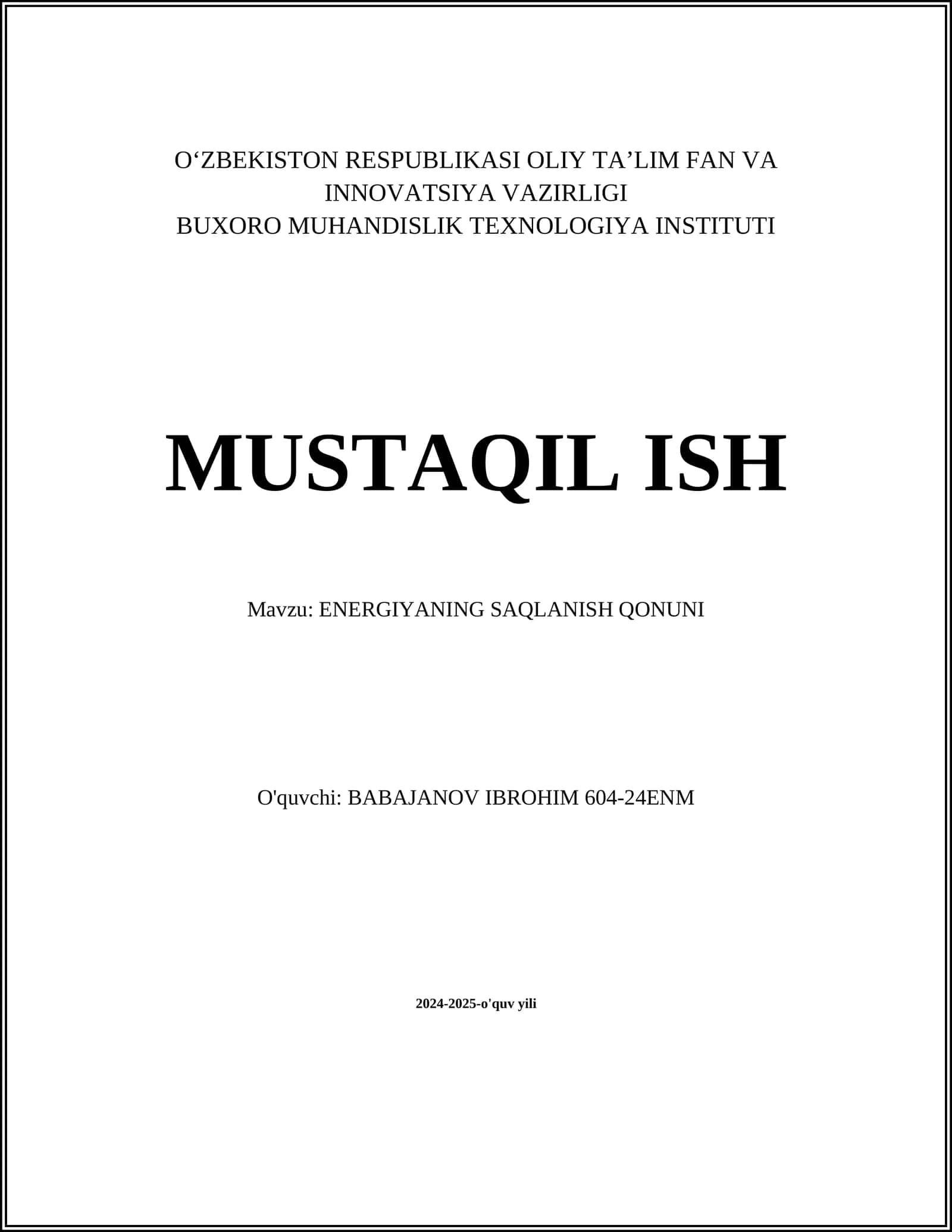ENERGIYANING SAQLANISH QONUNI