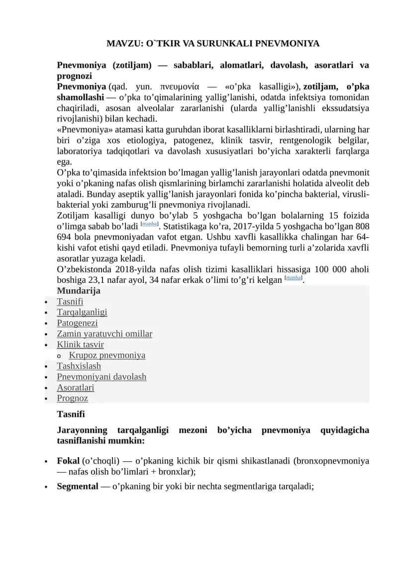 O`TKIR VA SURUNKALI PNEVMONIYA