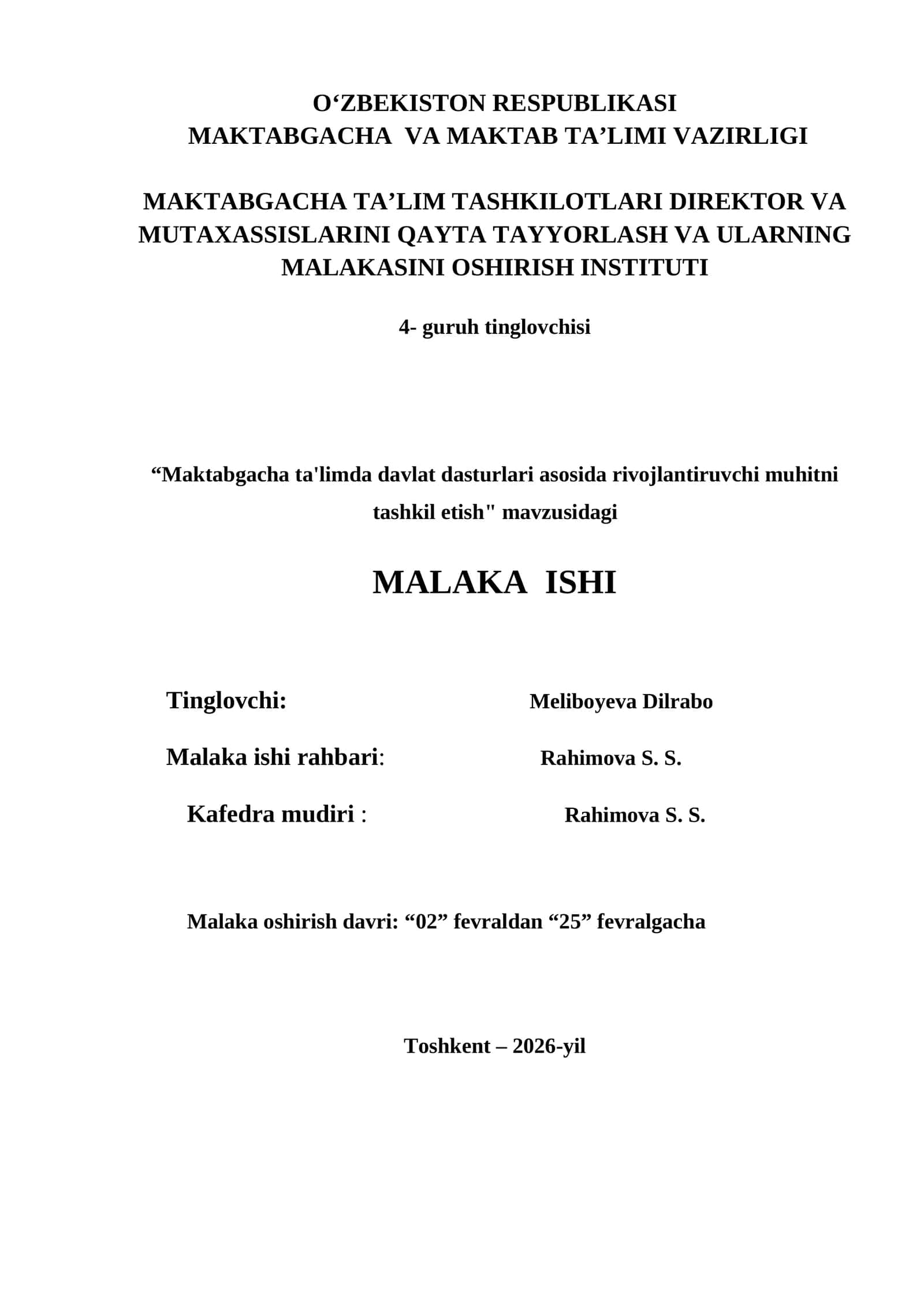 "Maktabgacha ta'limda davlat dasturlari asosida rivojlantiruvchi muhitni tashkil etish"