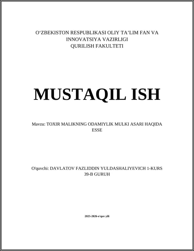 TOXIR MALIKNING ODAMIYLIK MULKI ASARI HAQIDA ESSE