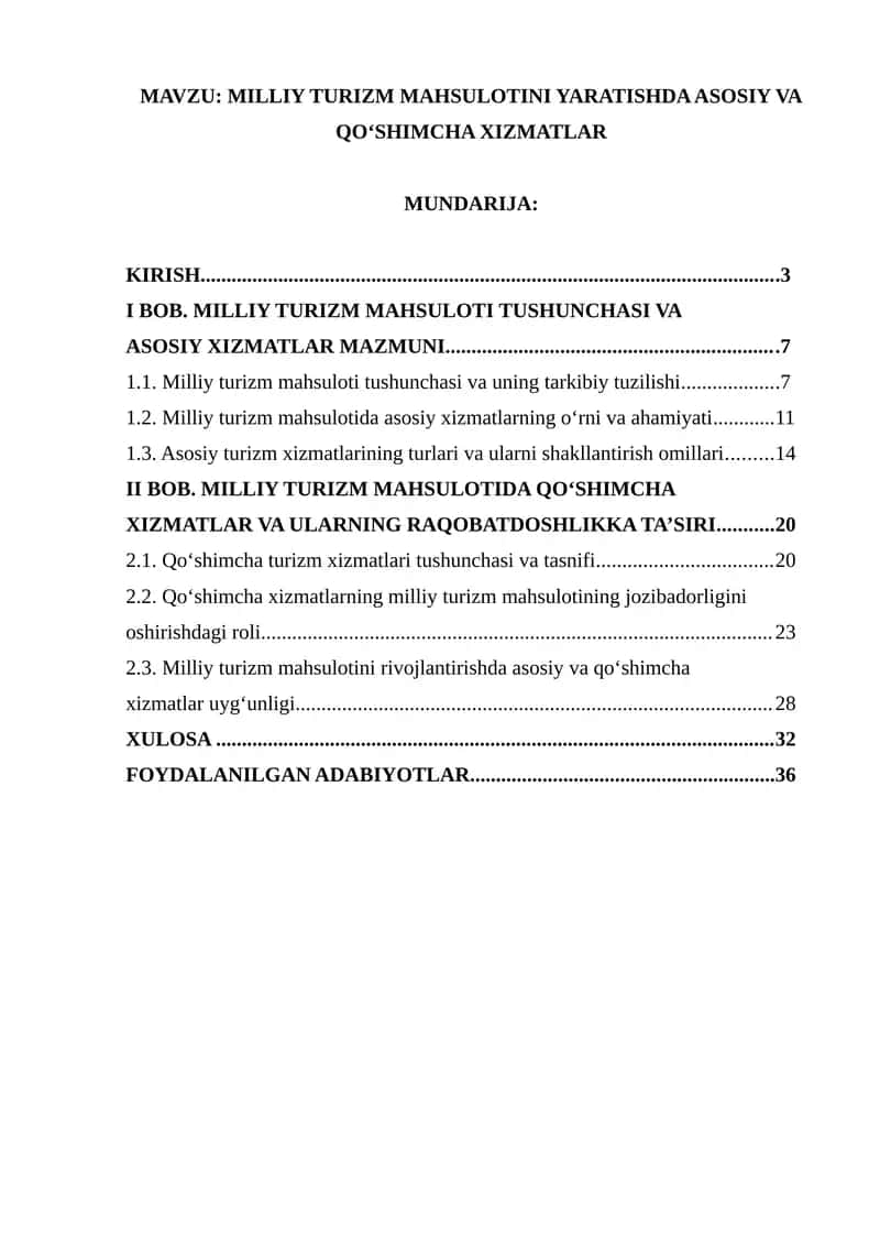 MILLIY TURIZM MAHSULOTINI YARATISHDA ASOSIY VA QOʻSHIMCHA XIZMATLAR