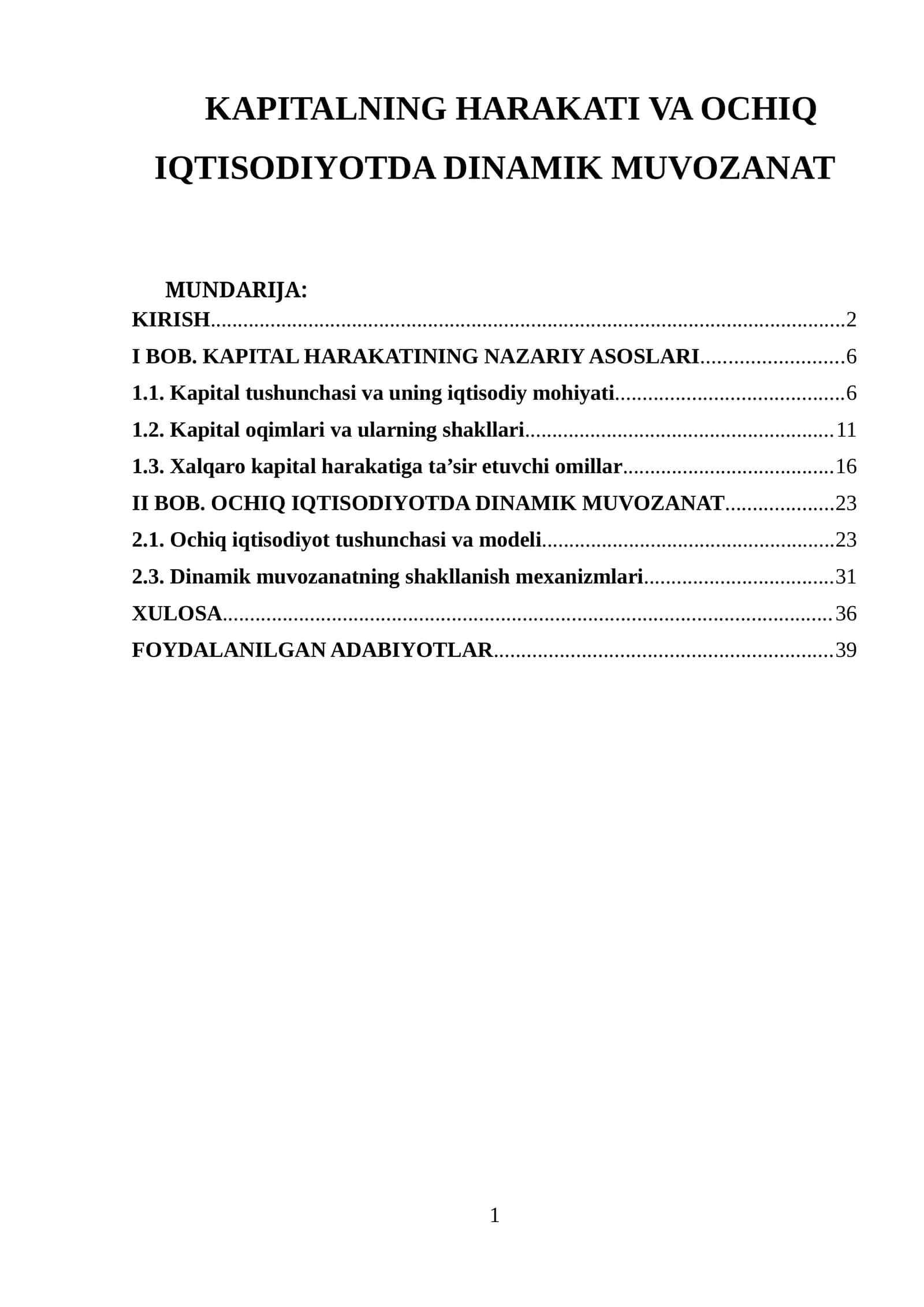 KAPITALNING HARAKATI VA OCHIQ IQTISODIYOTDA DINAMIK MUVOZANAT